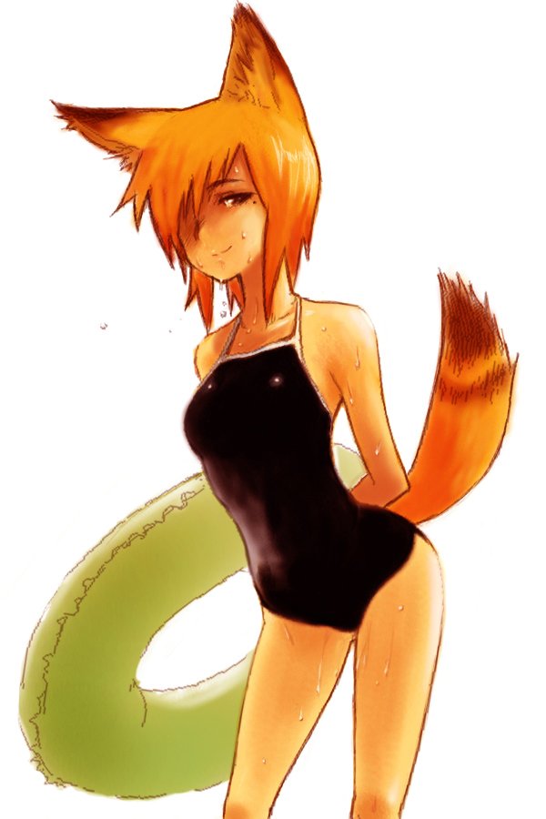 oomori harusame, bad id, bad pixiv id, 1girl, animal ears, black one-piece swimsuit, female focus, fox ears, innertube, one-piece swimsuit, red hair, school swimsuit, solo, swim ring, swimsuit, tail, wet