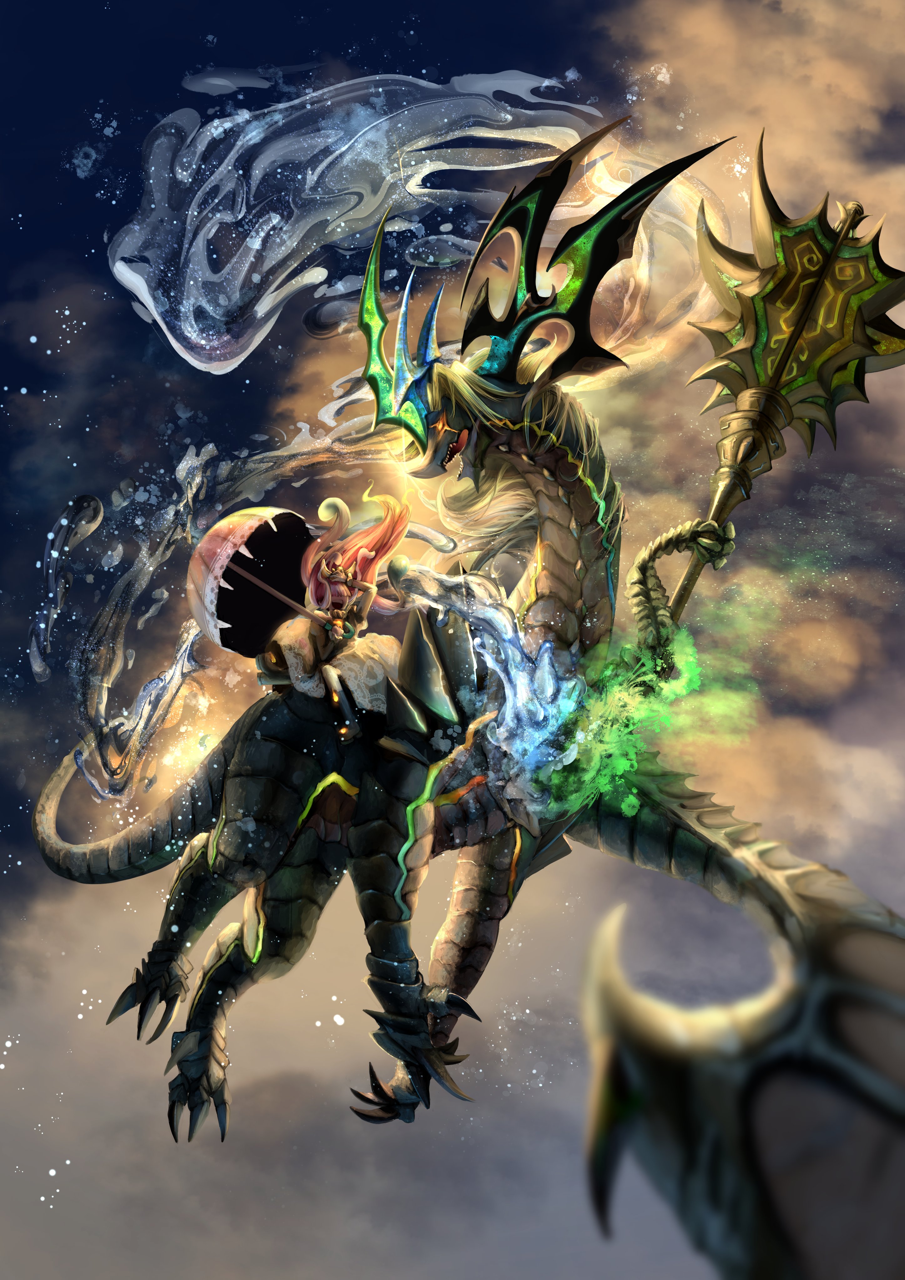 osam, purinpurin (duel masters), duel masters, absurdres, highres, 1girl, above clouds, black boots, boots, cloud, dragon, dragon horns, dragon tail, dragon wings, dress, floating hair, gradient background, hair over eyes, hand on own head, holding, holding umbrella, horns, long hair, multicolored hair, open mouth, pink hair, purple hair, riding dragon, splashing, tail, teeth, tentacle hair, umbrella, upper teeth only, very long hair, wings