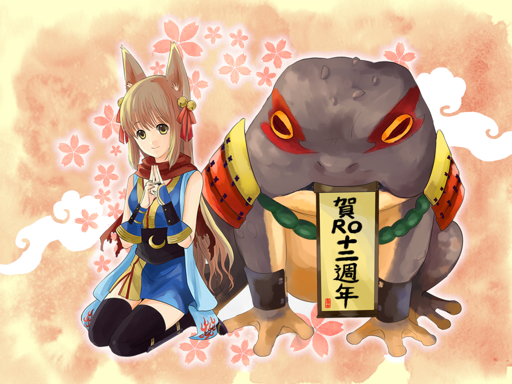 natsuki (pighair), ninja (ragnarok online), ragnarok online, commentary request, translation request, 1girl, animal, animal ears, bell, black thighhighs, blue dress, bow, brown hair, closed mouth, crescent, dress, fox ears, fox girl, frog, full body, hair bell, hair bow, hair ornament, jingle bell, kuji-in, long hair, looking at viewer, ninja, obi, obijime, orange background, oversized animal, red bow, sash, scroll, sleeveless, sleeveless dress, smile, solo, thighhighs, vambraces, yellow eyes