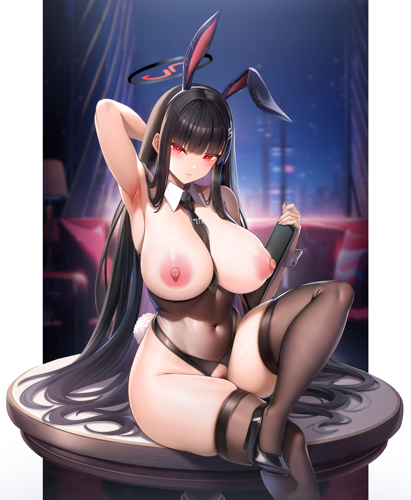 oni-noboru, rio (blue archive), blue archive, commentary request, highres, 1girl, alternate costume, animal ears, arm up, armpits, bare arms, bare shoulders, black hair, black hairband, black leotard, black necktie, black shoes, black thighhighs, breasts, breasts out, closed mouth, covered navel, crossed legs, detached collar, fake animal ears, fake tail, female pubic hair, foot out of frame, hair ornament, hairband, halo, high heels, highleg, highleg leotard, holding, holding tablet pc, indoors, large breasts, leotard, long hair, looking at viewer, necktie, nipples, partially undressed, playboy bunny, presenting armpit, pubic hair, rabbit ears, rabbit tail, red eyes, shoes, sitting, solo, tablet pc, tail, thighhighs, thighs, wrist cuffs