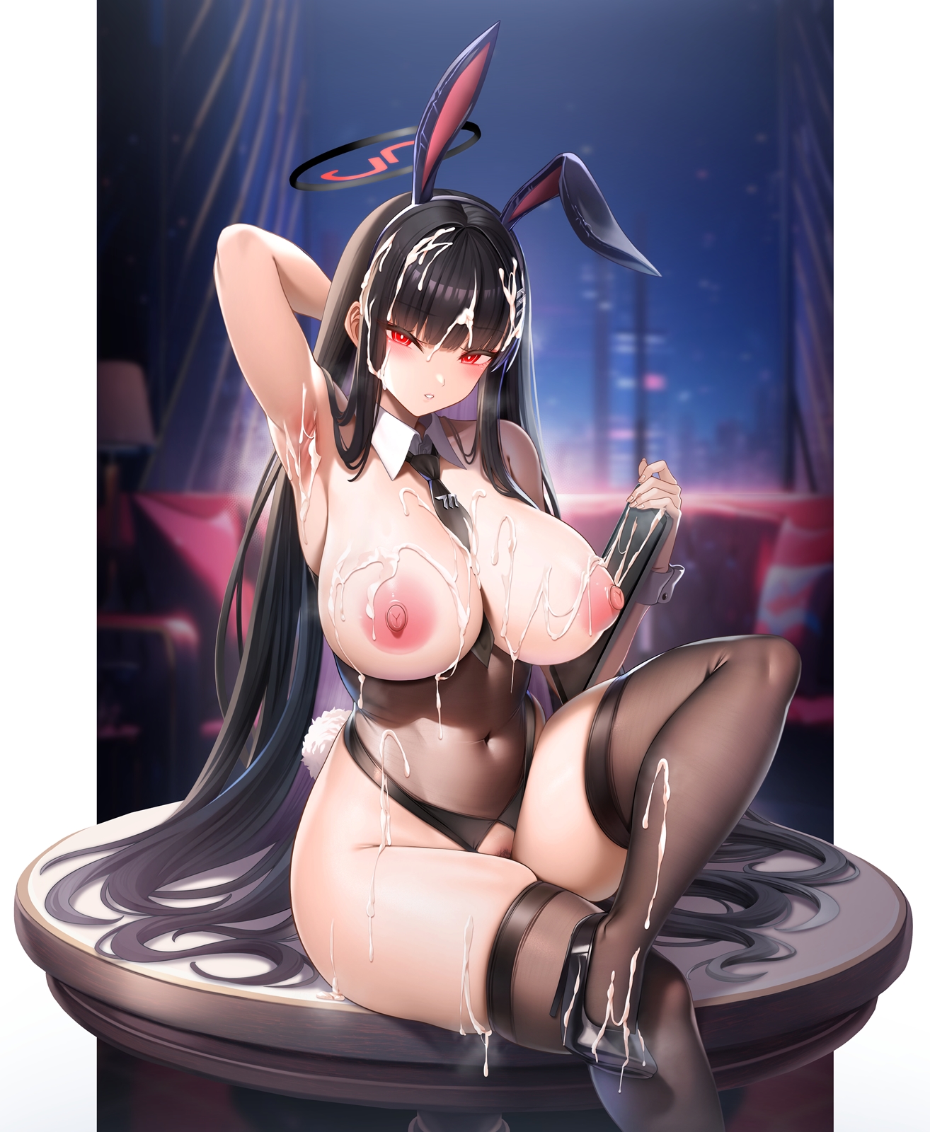 oni-noboru, rio (blue archive), blue archive, commentary request, highres, 1girl, alternate costume, animal ears, arm up, armpits, bare arms, bare shoulders, black hair, black hairband, black leotard, black necktie, black shoes, black thighhighs, breasts, breasts out, covered navel, crossed legs, cum, cum on armpits, cum on body, cum on breasts, cum on clothes, cum on feet, cum on hair, cum on legs, cum on legwear, cum on stomach, cum on upper body, cum string, cumdrip, detached collar, facial, fake animal ears, fake tail, female pubic hair, foot out of frame, hair ornament, hairband, half-closed eyes, halo, high heels, highleg, highleg leotard, holding, holding tablet pc, indoors, large breasts, leotard, long hair, looking at viewer, necktie, nipples, parted lips, partially undressed, playboy bunny, presenting armpit, pubic hair, rabbit ears, rabbit tail, red eyes, shoes, sitting, solo, tablet pc, tail, thighhighs, thighs, wrist cuffs