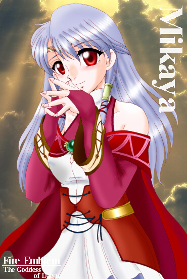 hissaa (starlight express), micaiah (fire emblem), micaiah (queen of dawn) (fire emblem), fire emblem, fire emblem: radiant dawn, nintendo, silver hair, bad id, 1girl, bare shoulders, character name, copyright name, dress, female focus, gloves, hair tubes, half updo, long hair, red eyes, solo, turtleneck, turtleneck dress