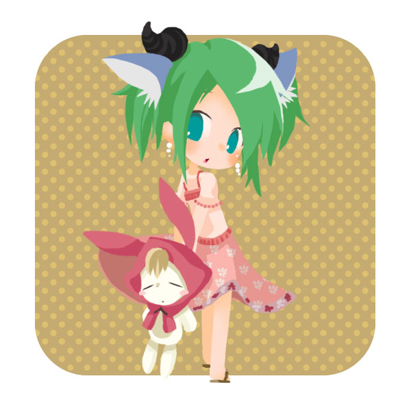 n:go, @games, 1girl, animal ears, blue eyes, cat ears, chibi, doll, dress, earrings, female focus, green hair, horns, jewelry, solo