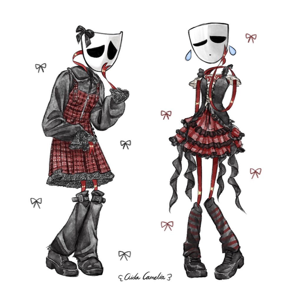 aida (aidacamelia0516), gangle (the amazing digital circus), the amazing digital circus, commentary, english commentary, 2girls, artist name, black bow, black camisole, black shirt, black shoes, black socks, bow, camisole, closed mouth, collared shirt, comedy and tragedy masks, dress, dual persona, fashion style request, frilled camisole, frilled dress, frilled shirt collar, frilled skirt, frilled sleeves, frills, full body, hand on own cheek, hand on own chin, hand on own face, kneehighs, layered skirt, looking at viewer, loose socks, medium dress, miniskirt, multiple girls, pigeon-toed, plaid clothes, plaid dress, red dress, red ribbon, red skirt, red socks, ribbon, shirt, shoes, simple background, skirt, sleeveless, sleeveless dress, socks, standing, striped clothes, striped socks, two-tone socks, uneven eyes, white background, white mask