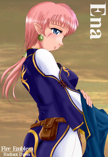 hissaa (starlight express), ena (fire emblem), fire emblem, fire emblem: path of radiance, fire emblem: radiant dawn, nintendo, bad id, 1girl, blue eyes, blush, character name, copyright name, dress, earrings, facial mark, female focus, forehead mark, jewelry, laguz (race), long hair, pink hair, pointy ears, ponytail, solo, turtleneck, turtleneck dress