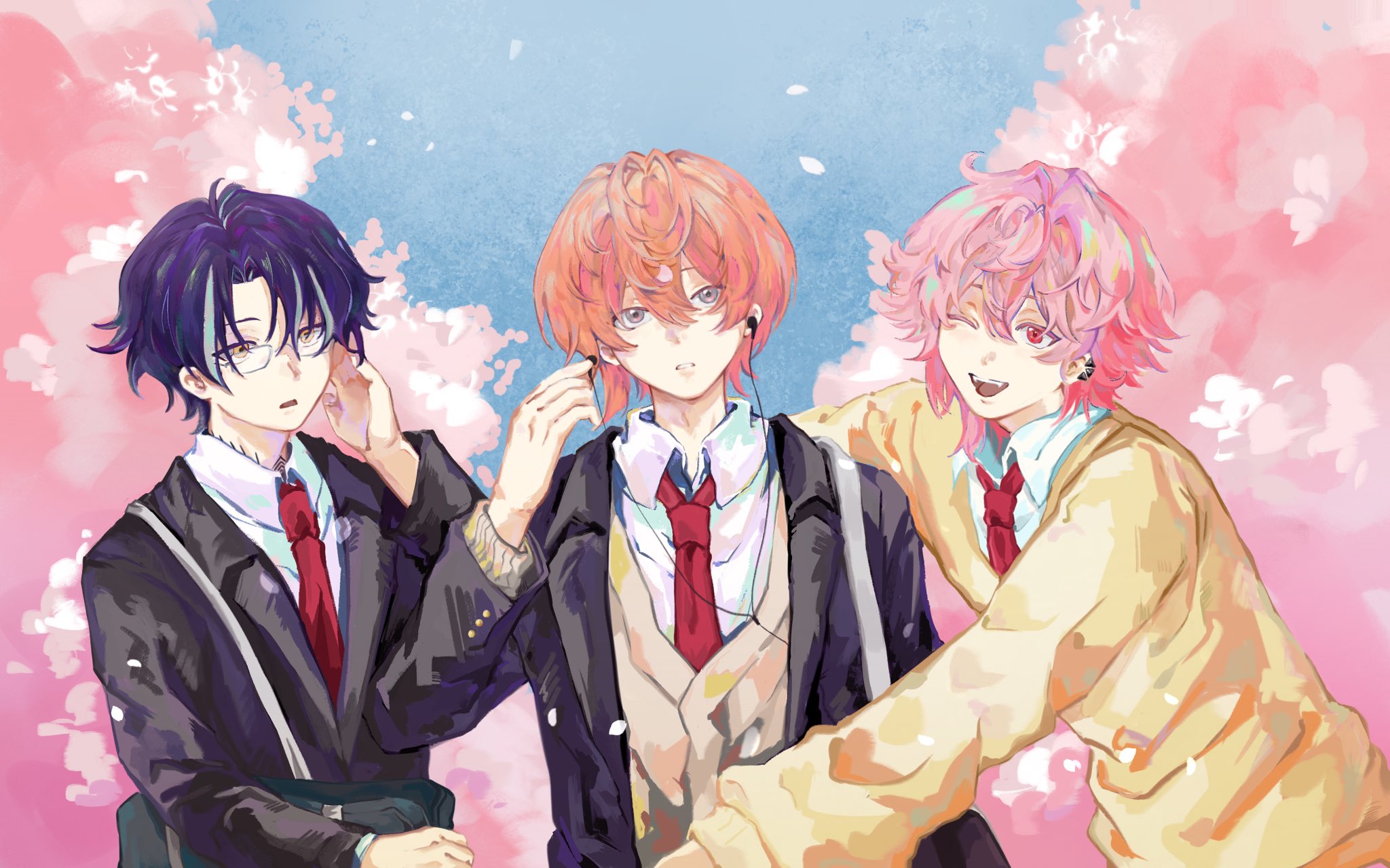 miyama kei, rokuta (paradox live), 1nm8 (paradox live), paradox live, fluffy hair, highres, 3boys, bag, black hair, blue sky, body markings, bright pupils, brown cardigan, cardigan, cherry blossoms, cherry tree, collar, collared shirt, colored eyelashes, earbuds, earphones, earrings, falling petals, fangs, glasses, grey eyes, hair intakes, hand on own head, holding, holding earbud, itsuki (paradox live), jacket, jewelry, jiangduming, long sleeves, looking up, male focus, multicolored eyes, multicolored hair, multiple boys, multiple earrings, neck tattoo, necktie, open clothes, open jacket, open mouth, orange eyes, orange hair, outdoors, parted hair, parted lips, petals, pink hair, red eyes, red necktie, red pupils, removing earbuds, school bag, school uniform, shirt, short hair, side part, sky, smile, streaked hair, symbol-shaped pupils, tattoo, triangle-shaped pupils, upper body, white collar, white shirt, yellow eyes