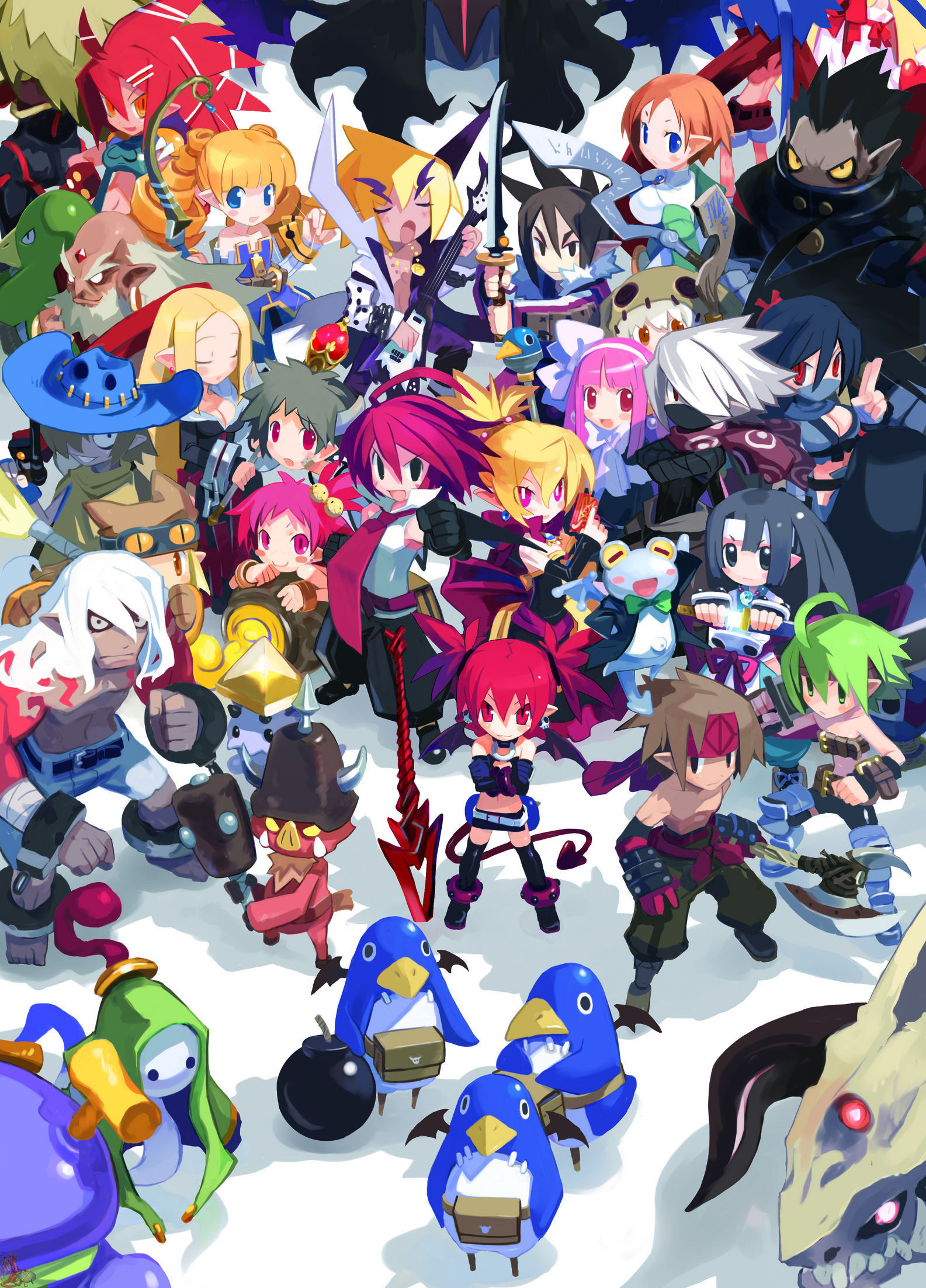 harada takehito, adell (disgaea), akutare (disgaea), archer (disgaea), axel (disgaea), beast master (disgaea), dragon zombie (disgaea), etna (disgaea), female warrior (disgaea), flonne, flonne (fallen angel), fubuki (disgaea), geomancer (disgaea), ghost (disgaea), gunner (disgaea), hanako (disgaea), healer (disgaea), heavy knight (disgaea), kunoichi (disgaea), kurtis (disgaea), laharl, mage (disgaea), magic knight (disgaea), male warrior (disgaea), ninja (disgaea), orc (disgaea), prinny, rozalin, samurai (disgaea), sinner (disgaea), skull (disgaea), taro (disgaea), thief (disgaea), tink (disgaea), warslug (disgaea), yukimaru, disgaea, makai senki disgaea 2, nippon ichi, highres, official art, 6+boys, 6+girls, bat wings, black pants, blonde hair, demon girl, detached sleeves, elbow gloves, everyone, flat chest, gloves, miniskirt, multiple boys, multiple girls, pants, pointy ears, red eyes, red hair, skirt, tail, wings