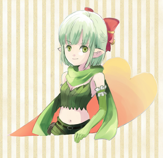 natsuki (pighair), ranger (ragnarok online), ragnarok online, chinese commentary, commentary request, 1girl, belt, black belt, bow, bra strap, breasts, cleavage, closed mouth, elbow gloves, gloves, green eyes, green gloves, green hair, green scarf, green tube top, hair bow, looking at viewer, midriff, navel, pointy ears, red bow, scarf, short hair, small breasts, smile, solo, strapless, striped background, tube top, upper body, yellow background