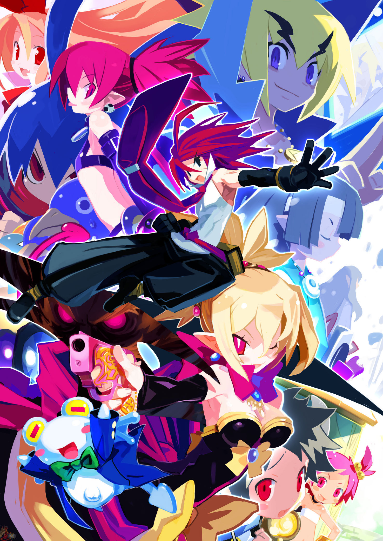 harada takehito, adell (disgaea), akutare (disgaea), axel (disgaea), etna (disgaea), flonne, flonne (fallen angel), fubuki (disgaea), hanako (disgaea), kurtis (disgaea), laharl, prinny, rozalin, selion (disgaea), shura (disgaea), taro (disgaea), tink (disgaea), yukimaru, disgaea, makai senki disgaea 2, nippon ichi, highres, 4boys, 4girls, bat wings, black pants, blonde hair, bright pupils, demon girl, detached sleeves, dress, elbow gloves, fake zenon, flat chest, gloves, miniskirt, multiple boys, multiple girls, pants, pointy ears, red eyes, red hair, skirt, slit pupils, strapless, strapless dress, tail, wings