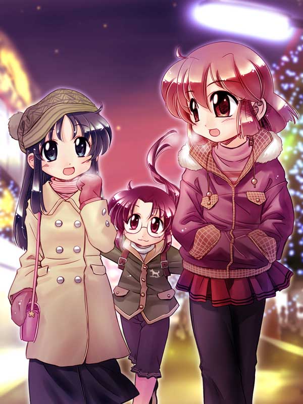 zan, original, 3girls, bag, coat, double-breasted, glasses, handbag, hands in pockets, lamppost, mittens, multiple girls, open mouth, road, skirt, street, winter