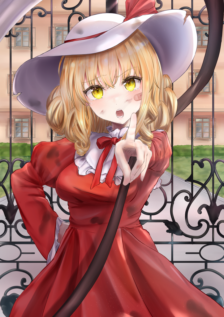 neko bocchi, elly (touhou), touhou, touhou (pc-98), 1girl, bandaid, bandaid on face, blonde hair, bruise, bruise on face, collar, cowboy shot, crying, crying with eyes open, curly hair, dirty, dirty clothes, dress, drill hair, drill sidelocks, frilled sleeves, frills, gate, hand on own hip, hat, hat ribbon, high collar, holding, holding scythe, injury, mansion, neck ribbon, open mouth, pointing, pointing at viewer, red dress, red ribbon, ribbon, scythe, sidelocks, tears, torn clothes, torn hat, white collar, white hat, yellow eyes