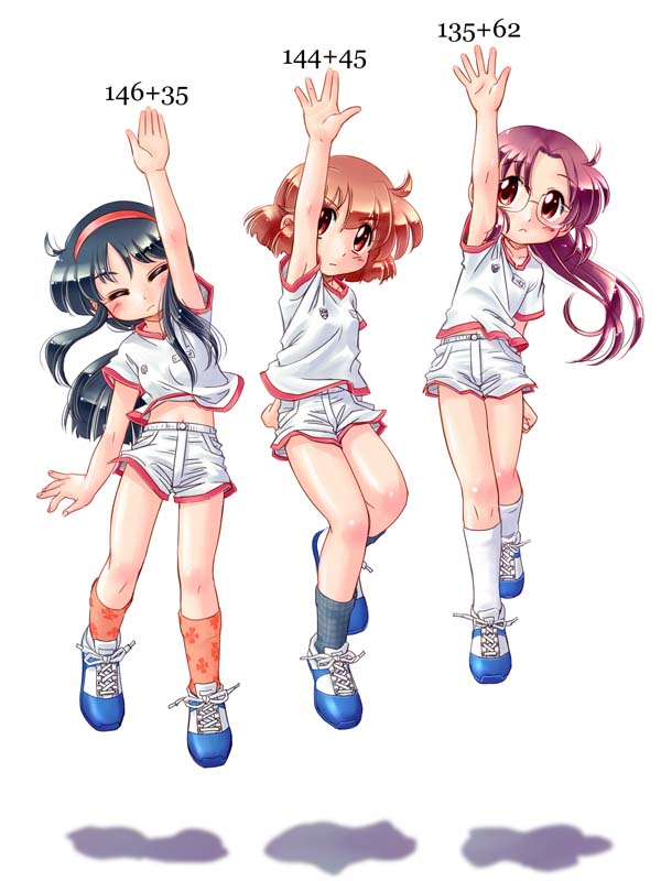 zan, original, 3girls, chart, glasses, gym uniform, hairband, jumping, multiple girls