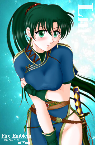 hissaa (starlight express), lyn (fire emblem), fire emblem, fire emblem: the blazing blade, nintendo, bad id, 1girl, arm under breasts, breasts, character name, copyright name, covered erect nipples, earrings, female focus, fingerless gloves, fingernails, gloves, green eyes, green hair, groin, jewelry, katana, large breasts, long hair, matching hair/eyes, pelvic curtain, ponytail, smile, solo, sword, weapon