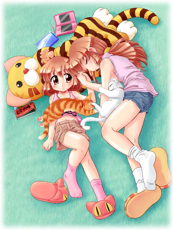 zan, original, 2girls, cat, handheld game console, multiple girls, nintendo ds, pillow, shoes, siblings, single shoe, sisters, slippers, socks, tank top
