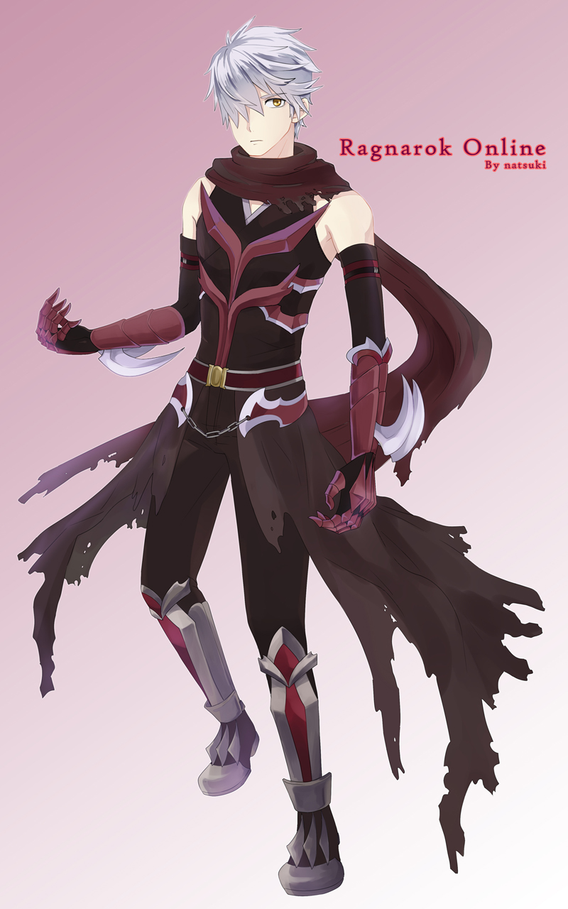 natsuki (pighair), guillotine cross (ragnarok online), ragnarok online, chinese commentary, commentary request, highres, 1boy, arm blade, armor, armored boots, black cape, black gloves, black pants, black shirt, boots, cape, closed mouth, copyright name, elbow gloves, expressionless, full body, gauntlets, gloves, gradient background, grey hair, hair over one eye, looking at viewer, male focus, official alternate costume, pants, pink background, red armor, scarf, shirt, short hair, sleeveless, sleeveless shirt, solo, torn cape, torn clothes, torn scarf, waist cape, weapon, yellow eyes