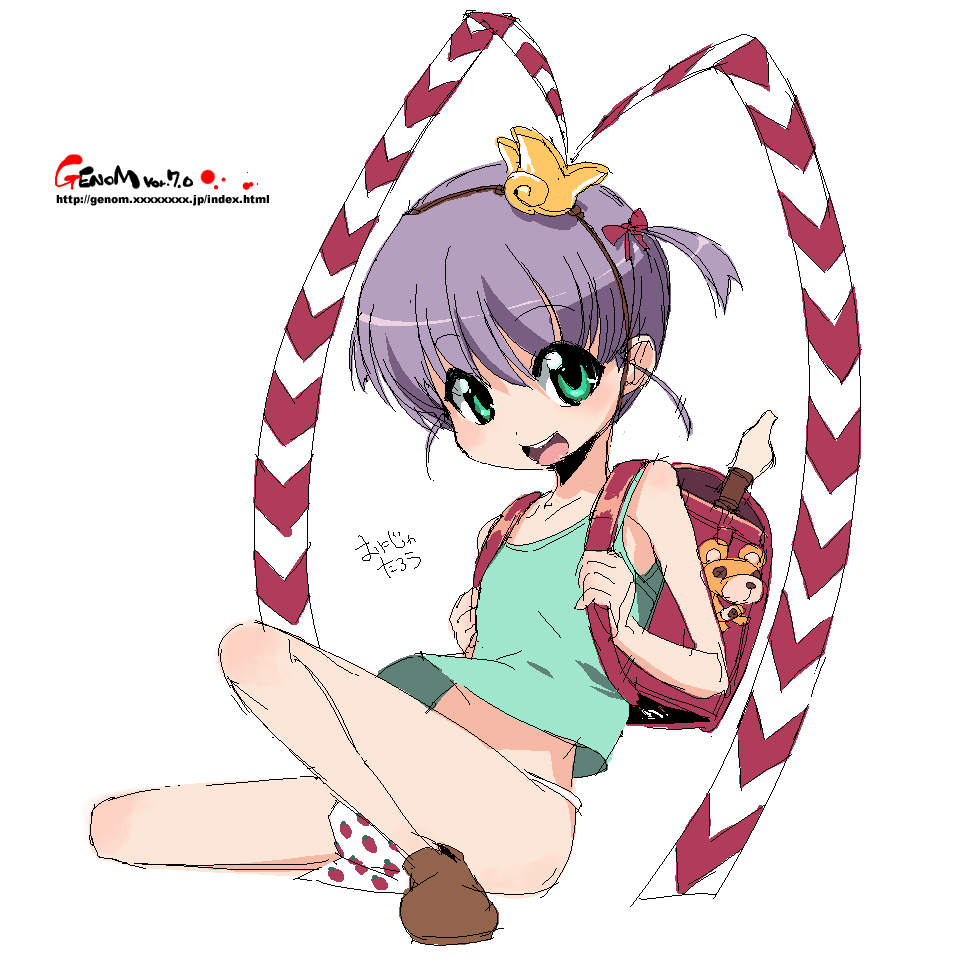 onija tarou, ryofuko, yawaraka sangokushi tsukisase!! ryofuko-chan, 00s, 1girl, backpack, bag, female focus, fundoshi, green eyes, headdress, japanese clothes, oekaki, purple hair, randoseru, short hair, solo