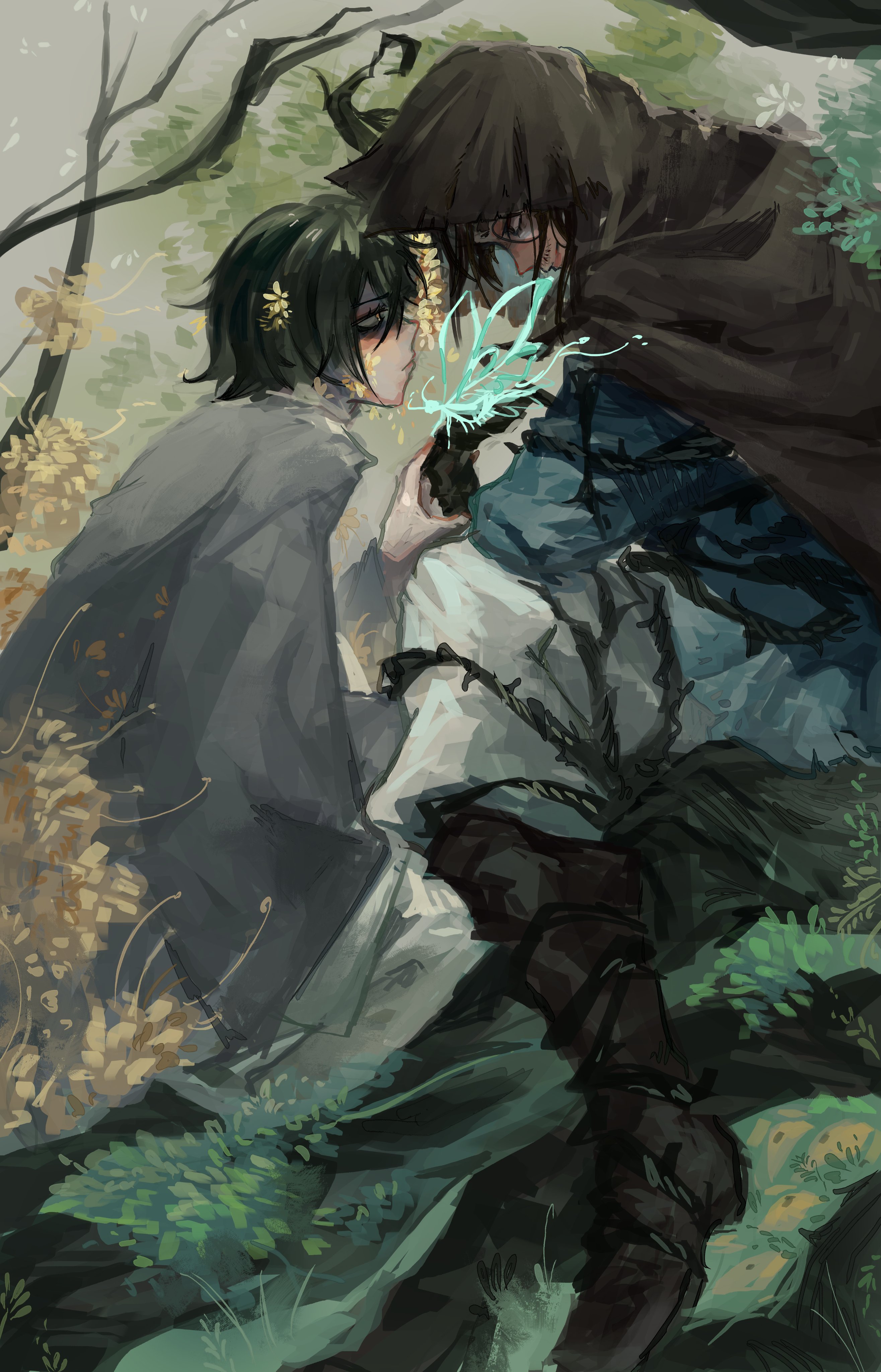 lycanthix, gregor (project moon), yi sang (project moon), limbus company, project moon, absurdres, highres, 2boys, arm vines, black hair, black pants, blue shirt, boots, brown boots, brown cloak, brown eyes, brown hair, cloak, closed mouth, coat, e.g.o (project moon), facial hair, fairy, flower, foliage, full body, glasses, grey coat, hanbok, hood, hooded cloak, korean clothes, lantern (e.g.o), long sleeves, looking at another, male focus, multiple boys, outdoors, pants, plant roots, ponytail, shirt, short hair, sitting, spicebush (e.g.o), white hanbok, yellow eyes, yellow flower