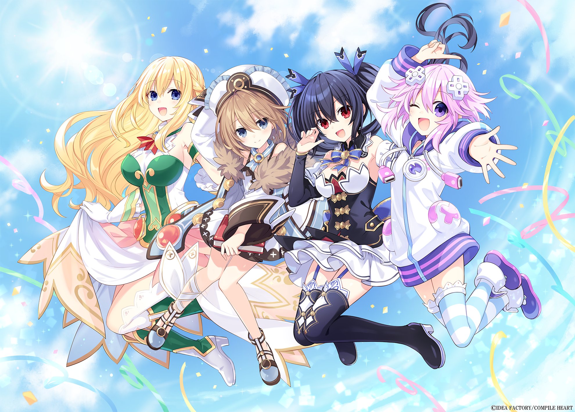 tsunako, blanc (neptunia), neptune (neptunia), noire (neptunia), vert (neptunia), neptune (series), commentary request, highres, official art, second-party source, 4girls, :d, anniversary, arm up, black boots, black hair, blonde hair, blue eyes, blue ribbon, book, boots, brown hair, copyright notice, d-pad, d-pad hair ornament, dress, floating, hair between eyes, hair ornament, hair ribbon, hand on own hat, holding, holding book, hood, hoodie, jacket, long hair, looking at viewer, multicolored dress, multiple girls, one eye closed, open mouth, purple eyes, purple hair, purple shoes, red eyes, ribbon, shoes, short hair, smile, striped clothes, striped thighhighs, thighhighs, twintails, white dress, white hoodie, white jacket