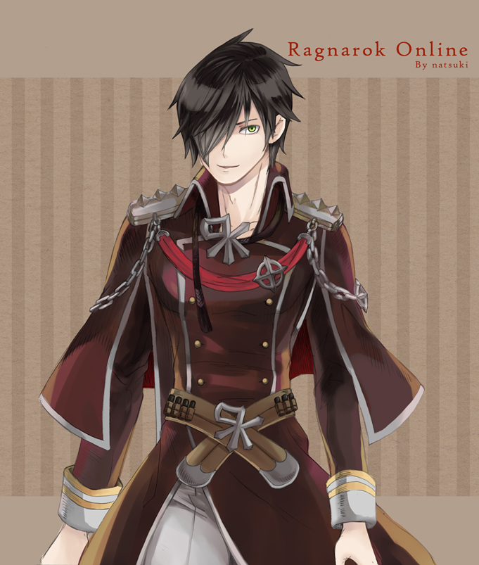 natsuki (pighair), rebellion (ragnarok online), ragnarok online, chinese commentary, commentary request, 1boy, artist name, belt, black hair, brown background, brown belt, brown coat, buttons, chain, coat, copyright name, cowboy shot, double-breasted, emblem, epaulettes, hair over one eye, looking at viewer, male focus, military uniform, open mouth, pants, short hair, smile, solo, white pants, yellow eyes