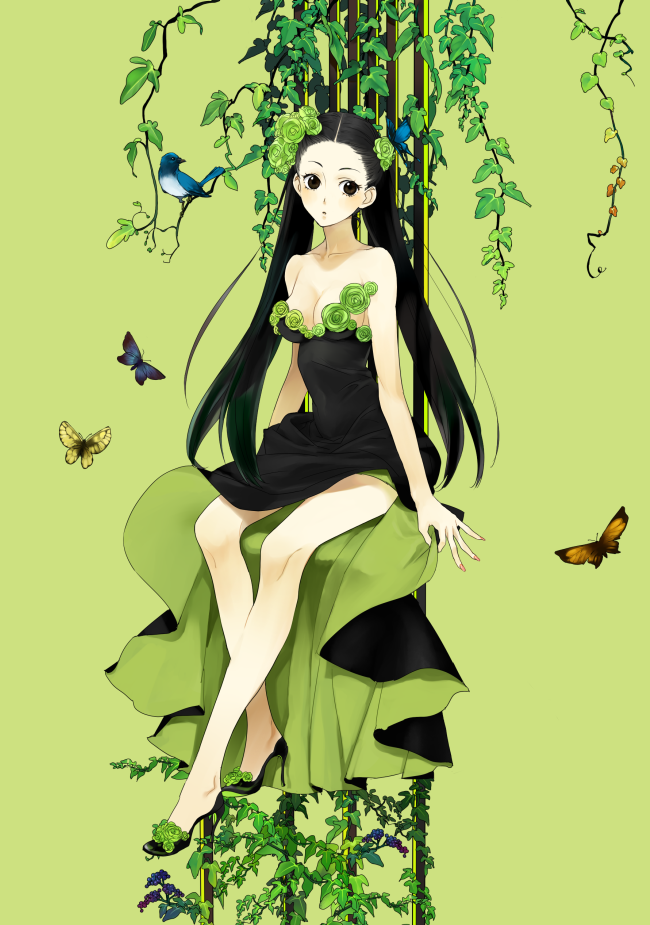 ie, ie (mochi), original, 1girl, bird, black eyes, black hair, breasts, bug, butterfly, cleavage, dress, female focus, flower, high heels, insect, long hair, nature, shoes, small breasts, solo, twintails