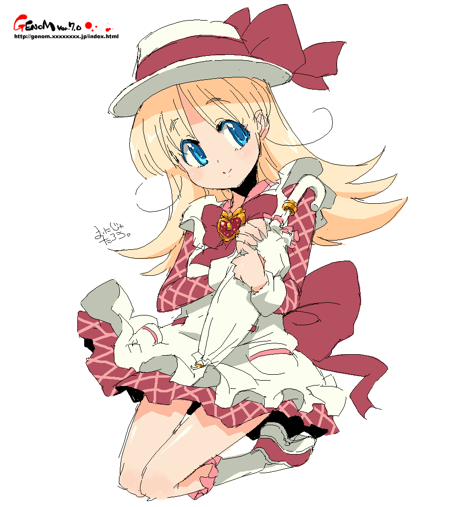 onija tarou, copyright request, blonde hair, blue eyes, hat, long hair, oekaki, solo, umbrella