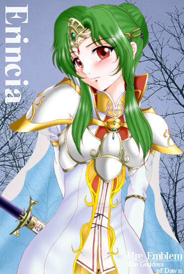 hissaa (starlight express), elincia ridell crimea, elincia ridell crimea (undaunted queen), fire emblem, fire emblem: path of radiance, fire emblem: radiant dawn, nintendo, pegasus knight uniform (fire emblem), bad id, 1girl, aqua gemstone, armor, cape, character name, copyright name, crown, female focus, gem, green hair, hair bun, hair up, hat, long hair, queen, solo, sword, tiara, weapon, white armor