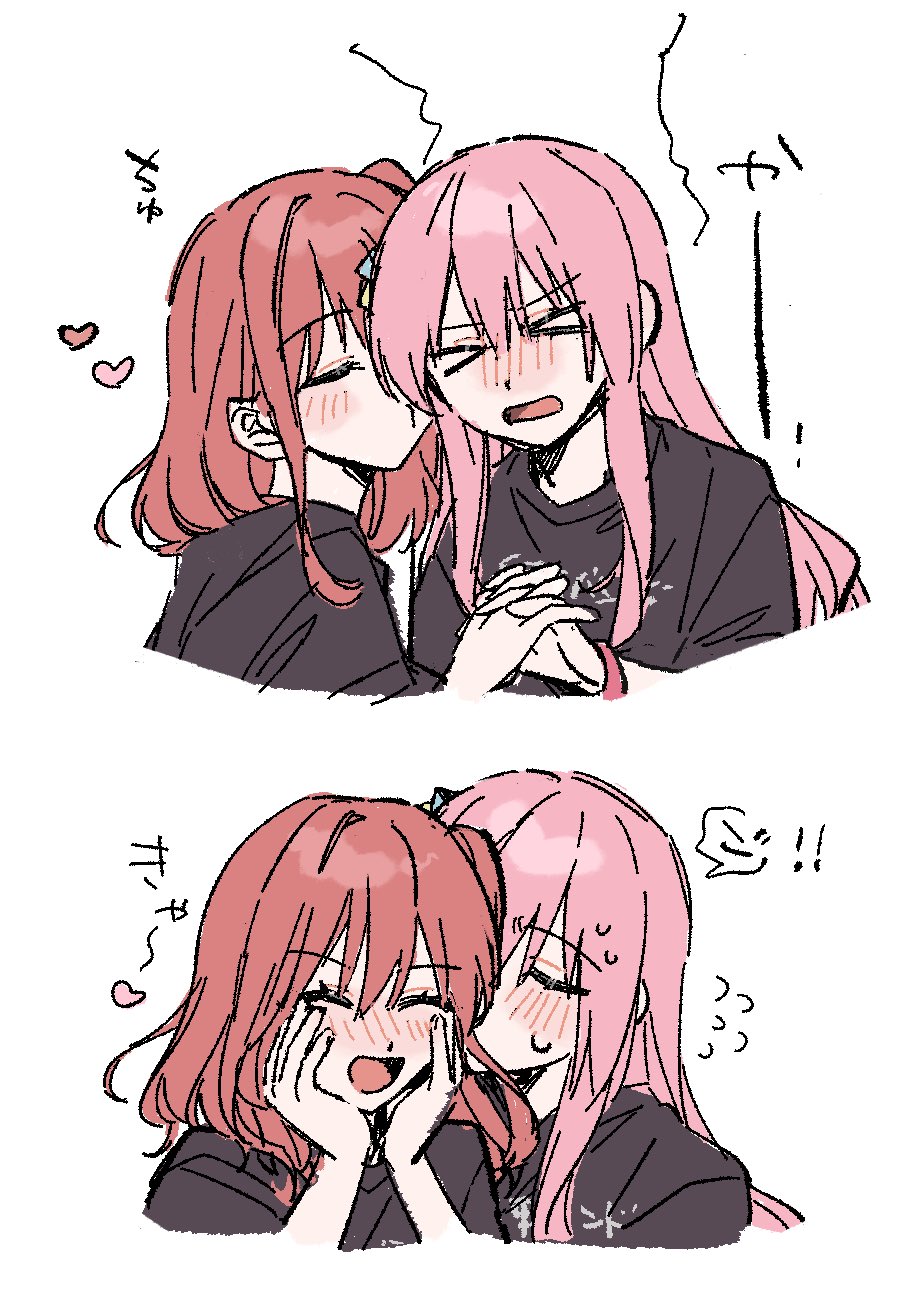 enu (brandnewday02), gotoh hitori, kita ikuyo, bocchi the rock!, commentary request, highres, > <, 2girls, black shirt, blush, flying sweatdrops, heart, holding hands, interlocked fingers, kessoku band t-shirt, kiss, kissing cheek, long hair, multiple girls, one side up, open mouth, pink hair, red hair, shirt, simple background, white background, yuri