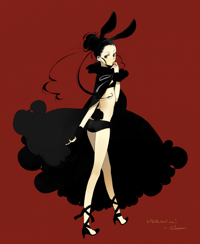 ie, ie (mochi), original, 1girl, animal ears, black hair, bra, cape, female focus, high heels, lingerie, rabbit ears, shoes, shorts, solo, tail, underwear