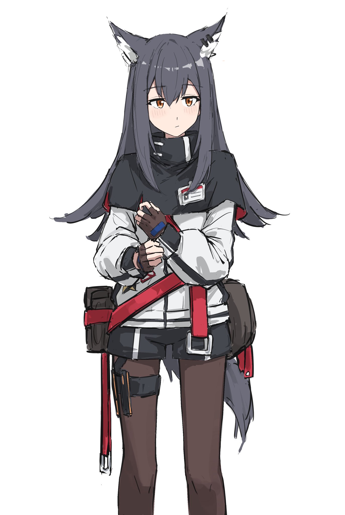 fuyukono, texas (arknights), arknights, highres, revision, 1girl, adjusting sleeves, animal ear piercing, animal ears, black capelet, black hair, black shorts, black tail, blush, brown gloves, brown pantyhose, capelet, closed mouth, cowboy shot, fingerless gloves, gloves, hair between eyes, hand on own wrist, jacket, long sleeves, pantyhose, shorts, simple background, solo, standing, white background, white jacket, wolf ears, wolf girl, yellow eyes