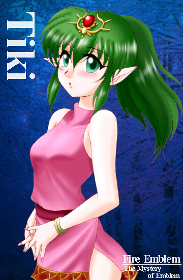 hissaa (starlight express), tiki (fire emblem), tiki (young) (fire emblem), fire emblem, fire emblem: mystery of the emblem, fire emblem: shadow dragon, nintendo, bad id, 1girl, blush, character name, copyright name, dress, female focus, green eyes, green hair, matching hair/eyes, pointy ears, ponytail, side slit, solo, turtleneck, turtleneck dress