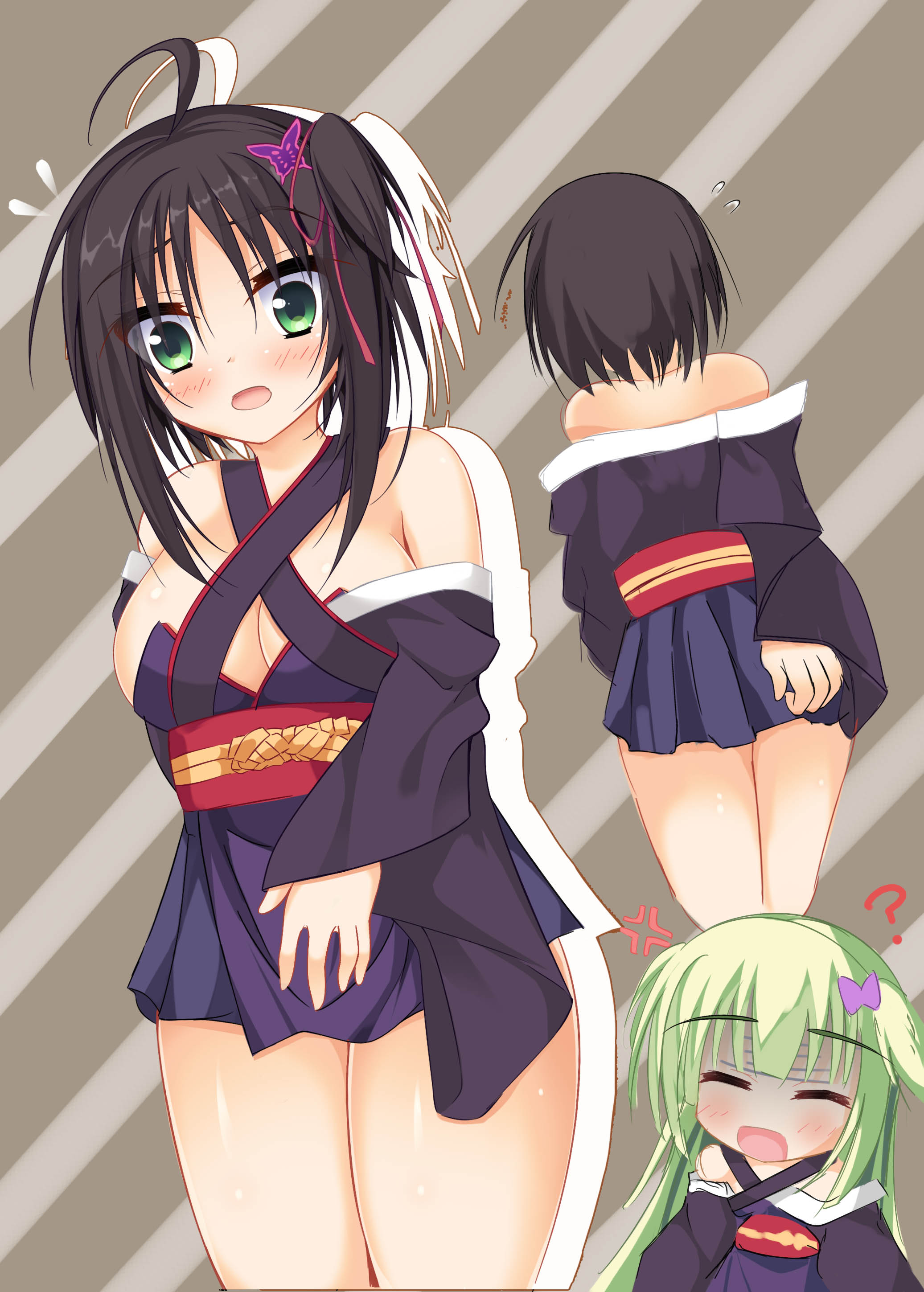 shrimp 3, hitachi mako, murasame (senren), senren banka, absurdres, commentary request, highres, partial commentary, 2girls, ?, ^ ^, ahoge, anger vein, bare shoulders, black hair, black kimono, blunt bangs, blush, breast envy, breasts, butterfly hair ornament, chibi, chibi inset, cleavage, closed eyes, cosplay, covering crotch, covering privates, criss-cross halter, curvy, drop shadow, embarrassed, eyes visible through hair, facing viewer, false smile, flying sweatdrops, from behind, green eyes, green hair, hair between eyes, hair ornament, hair ribbon, halterneck, japanese clothes, kimono, large breasts, long hair, long sleeves, looking down, medium hair, multiple girls, multiple views, murasame (senren) (cosplay), one side up, open mouth, red ribbon, red sash, ribbon, sash, shaded face, sidelocks, smile, solo focus, thighs, two side up, wide sleeves