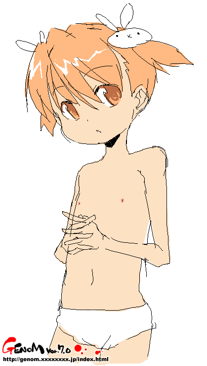 onija tarou, tagme, flat chest, green hair, nipples, oekaki, solo, topless female