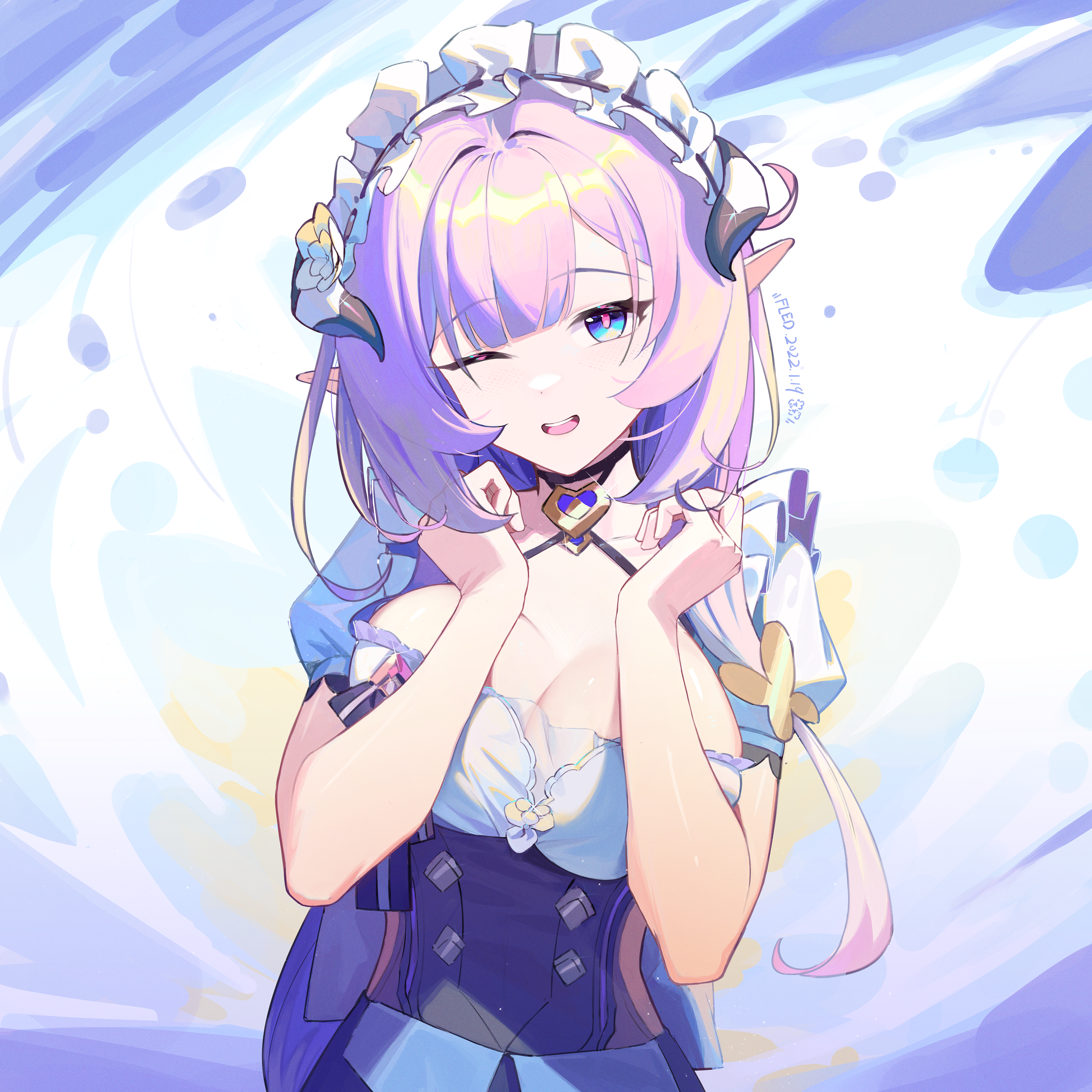 fled, elysia (honkai impact), elysia (miss pink) (honkai impact), elysia (miss pink elf) (honkai impact), honkai (series), honkai impact 3rd, absurdres, chinese commentary, commentary request, highres, 1girl, ;d, apron, blue eyes, breasts, cleavage, elf, long hair, looking at viewer, maid, maid apron, maid headdress, official alternate costume, one eye closed, open mouth, pink hair, pointy ears, ponytail, short sleeves, smile, solo