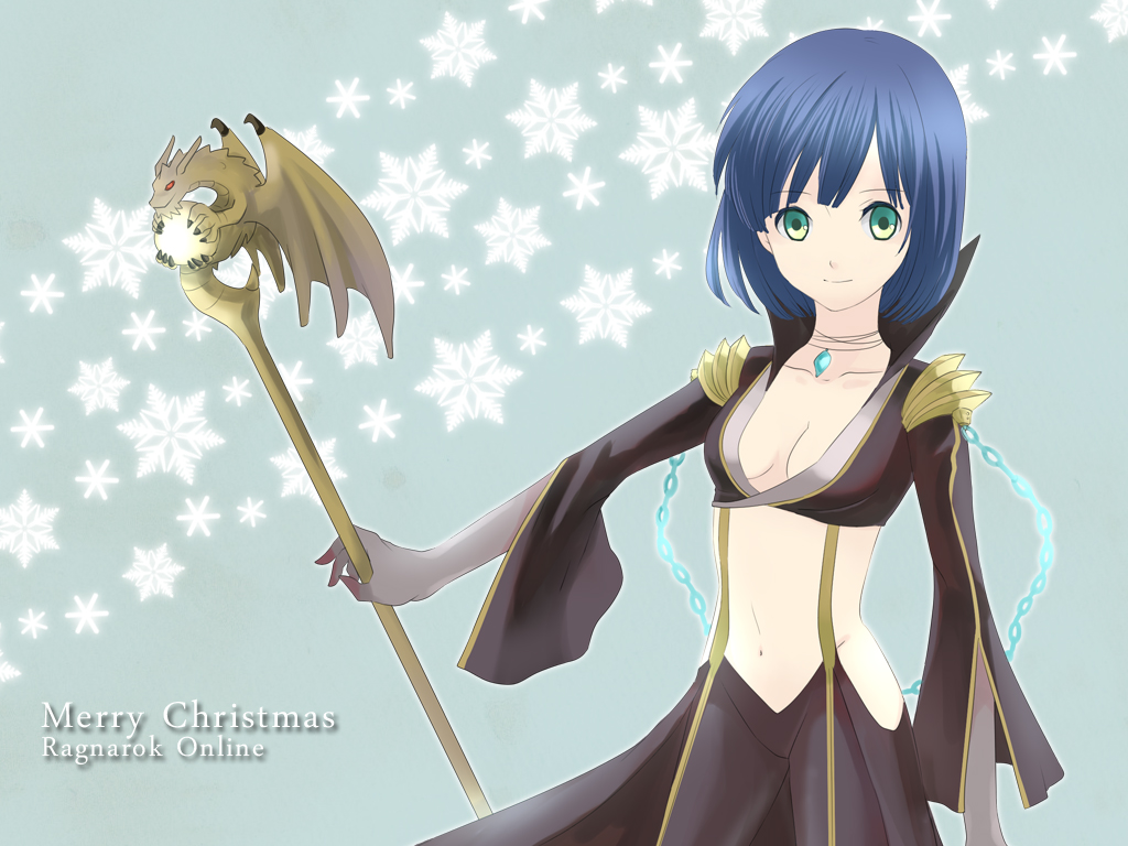 natsuki (pighair), warlock (ragnarok online), ragnarok online, chinese commentary, commentary request, 1girl, black pants, black shirt, blue background, blue hair, breasts, cleavage, closed mouth, copyright name, cowboy shot, crop top, elbow gloves, gloves, green eyes, grey gloves, holding, holding staff, looking at viewer, merry christmas, midriff, navel, pants, shirt, short hair, smile, snowflakes, solo, staff, suspenders