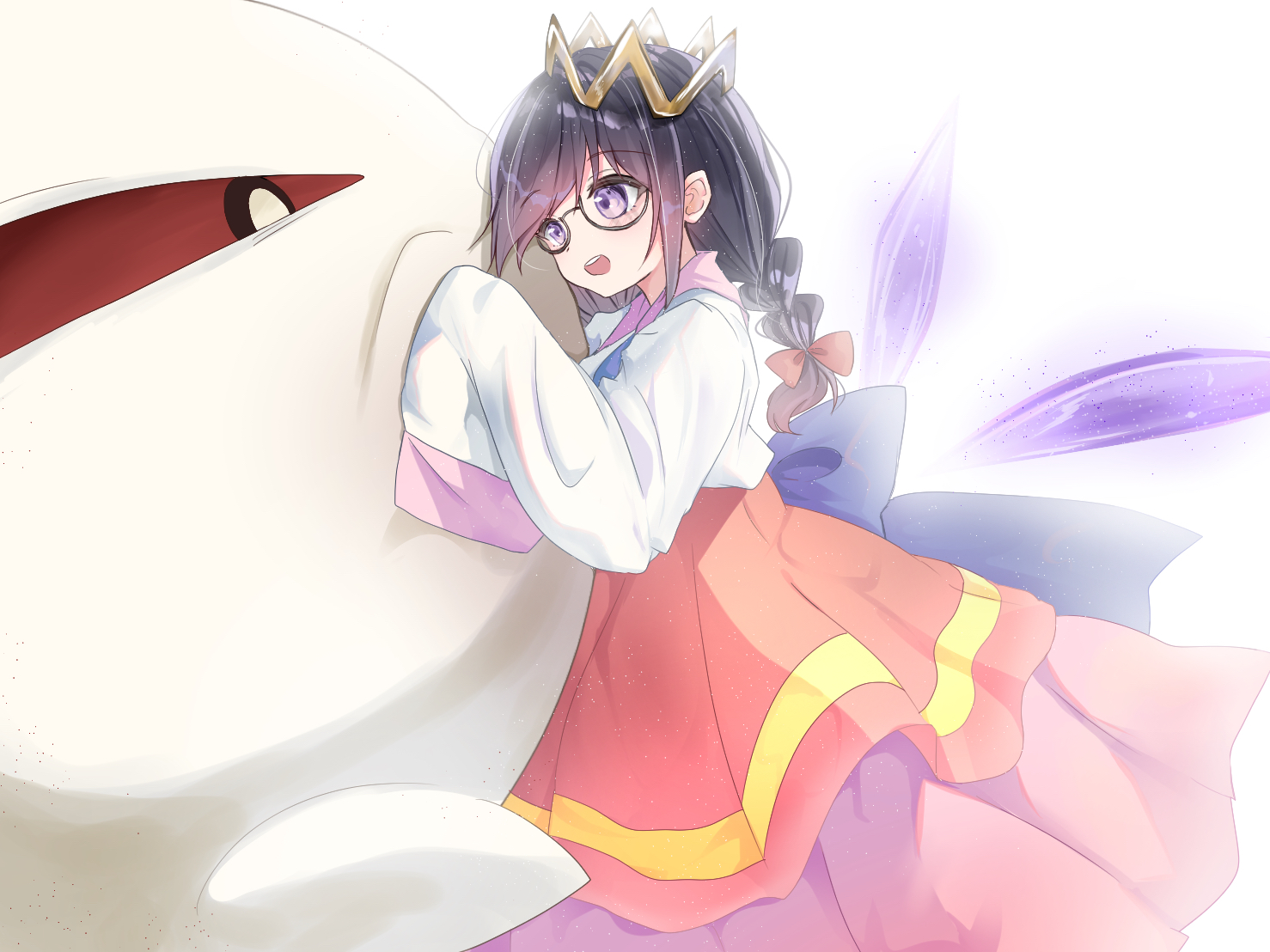 yoake (yoake 04), ripple star queen, zero two (kirby), kirby (series), kirby 64, nintendo, 1girl, bow, crown, fairy, fairy wings, glasses, hair bow, one-eyed, pink skirt, purple eyes, red bow, red eyes, skirt, sleeves past fingers, sleeves past wrists, wings