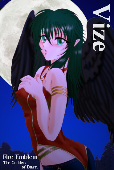 hissaa (starlight express), vika (fire emblem), fire emblem, fire emblem: radiant dawn, nintendo, bad id, 1girl, armlet, ass, bare shoulders, black hair, black wings, breasts, character name, copyright name, covered erect nipples, female focus, green eyes, jewelry, laguz (race), medium breasts, pointy ears, solo, strapless, wings