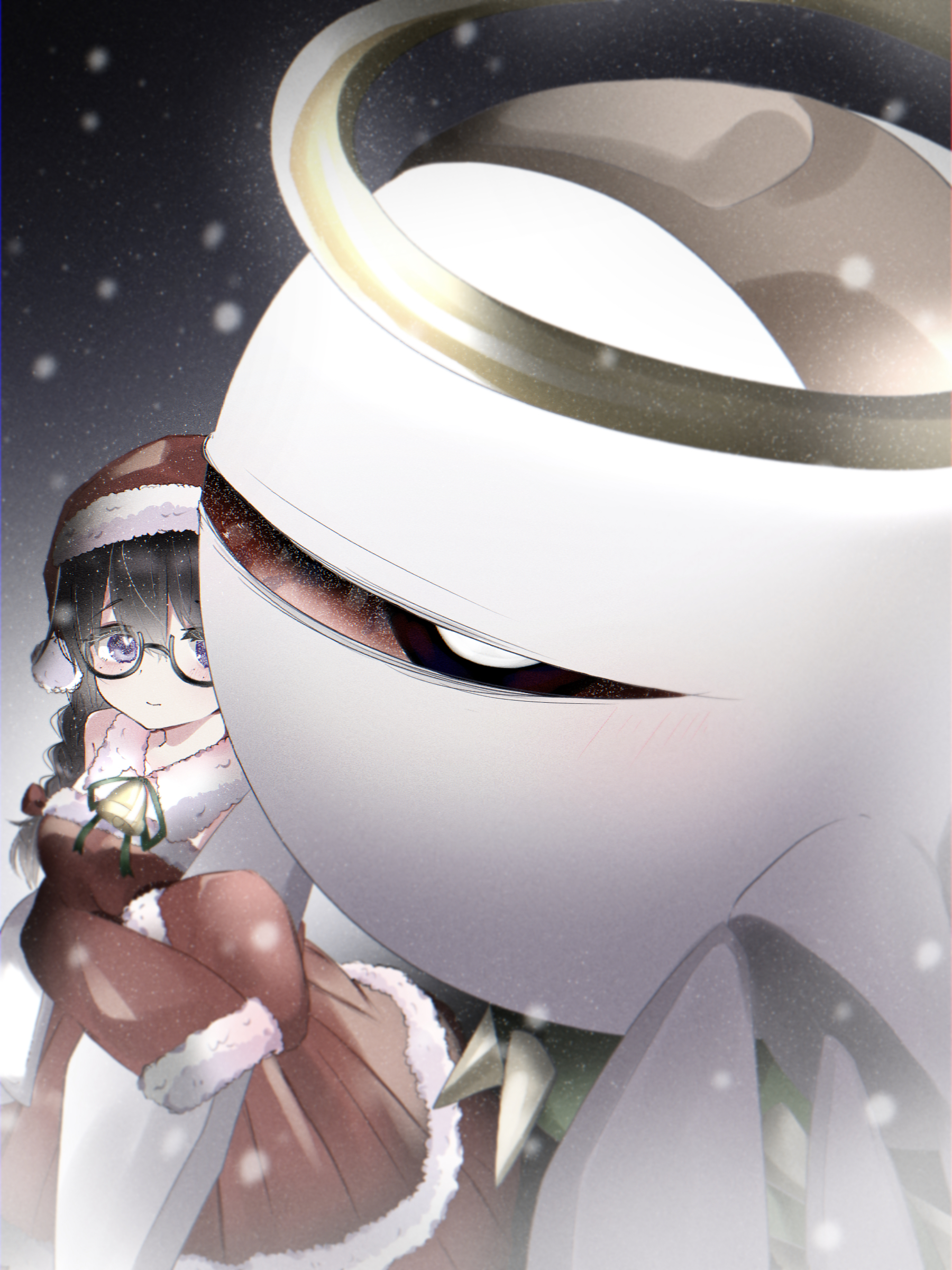 yoake (yoake 04), ripple star queen, zero two (kirby), kirby (series), kirby 64, nintendo, absurdres, highres, 1girl, bandaid, black hair, dress, glasses, halo, hat, locked arms, long hair, one-eyed, purple eyes, red dress, red eyes, santa hat, sleeves past fingers, sleeves past wrists, snowing