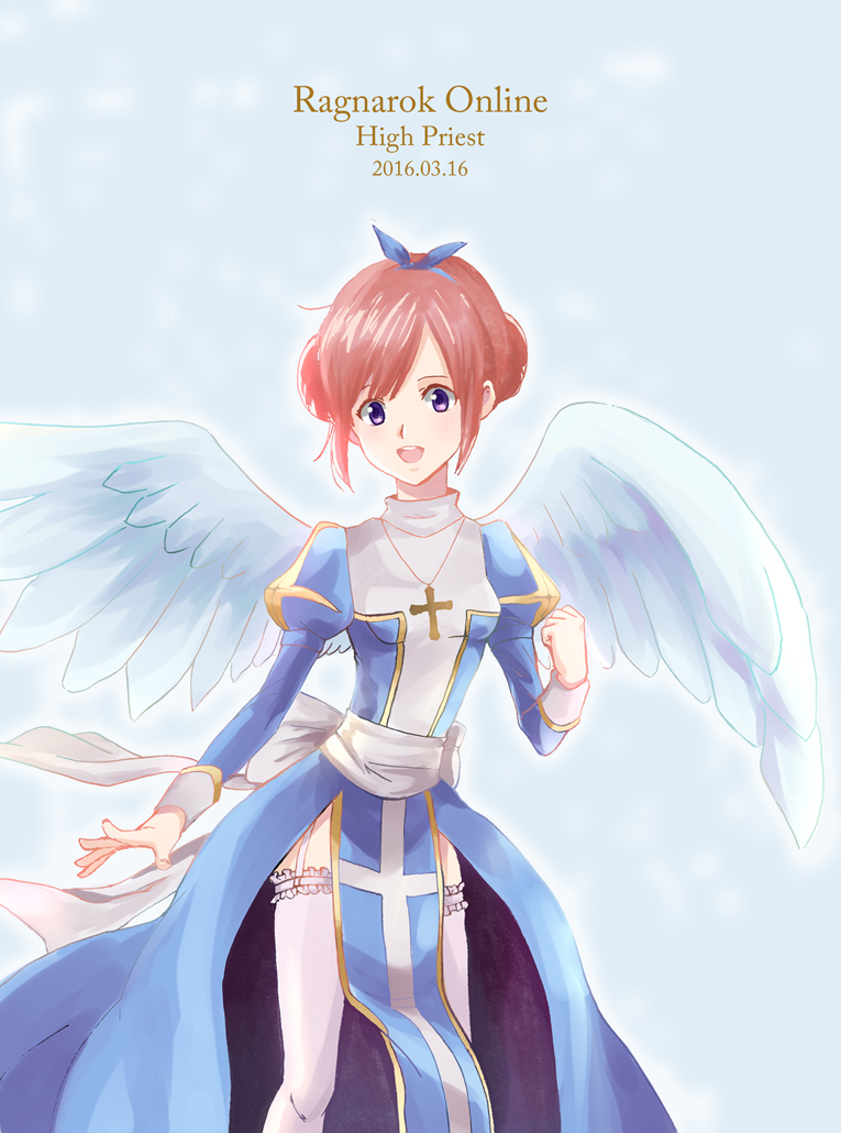 natsuki (pighair), high priest (ragnarok online), ragnarok online, chinese commentary, commentary request, 1girl, back bow, blue background, blue bow, blue dress, blue wings, bow, breasts, character name, copyright name, cowboy shot, dated, double bun, dress, feathered wings, frilled thighhighs, frills, garter straps, hair bow, hair bun, juliet sleeves, long sleeves, looking at viewer, open mouth, pink hair, puffy sleeves, purple eyes, sash, short hair, small breasts, smile, solo, thighhighs, two-tone dress, white bow, white dress, white sash, white thighhighs, wings