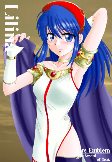hissaa (starlight express), lilina (fire emblem), fire emblem, fire emblem: the binding blade, nintendo, bad id, 1girl, armlet, blue eyes, blue hair, cape, character name, copyright name, dress, female focus, fingerless gloves, gloves, jewelry, matching hair/eyes, simple background, solo, thighhighs, white dress