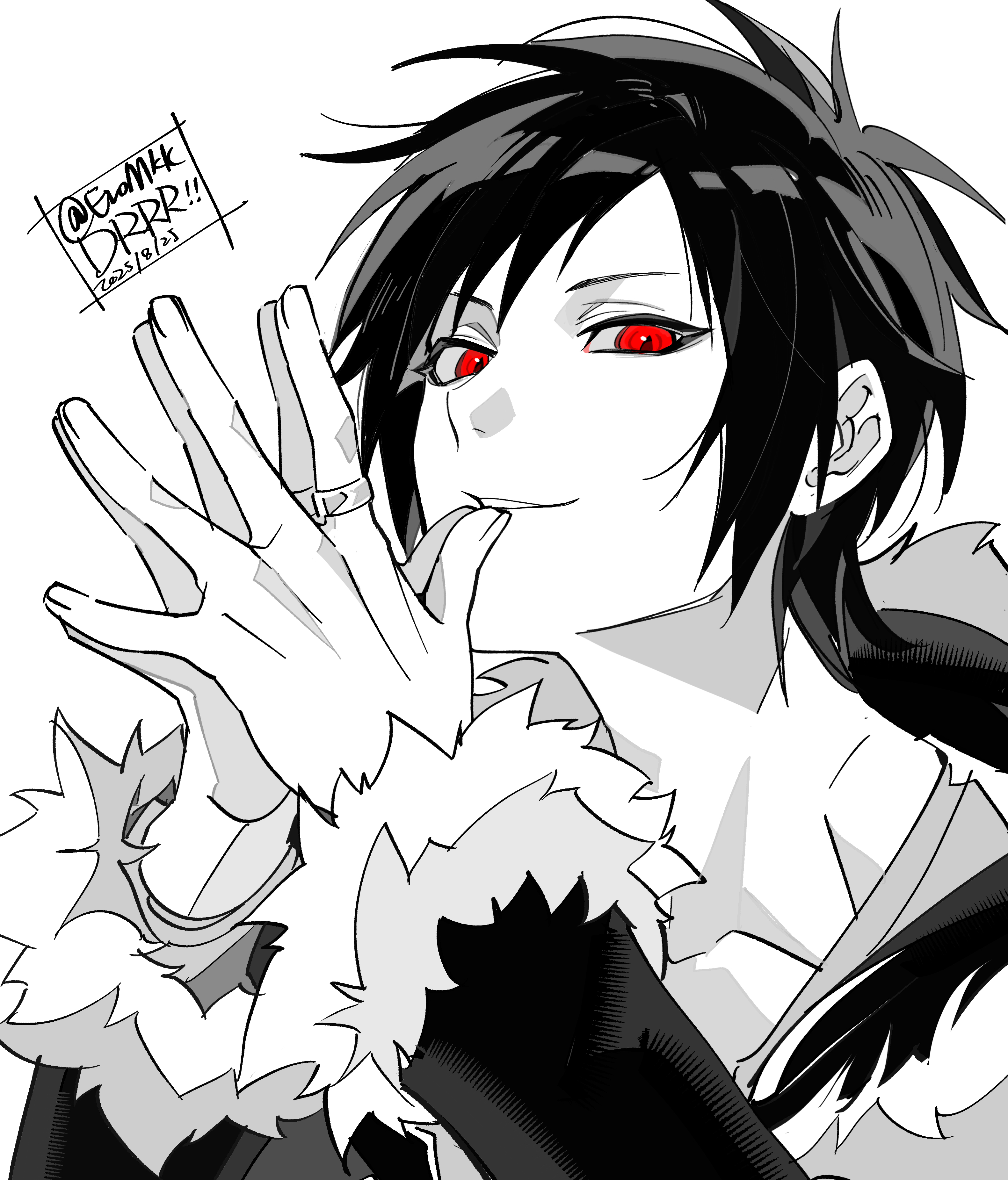 eromkk, orihara izaya, durarara!!, absurdres, highres, 1boy, arms up, black hair, fingernails, fur-trimmed jacket, fur-trimmed sleeves, fur trim, greyscale, hair behind ear, jacket, jewelry, long sleeves, looking at viewer, male focus, monochrome, own hands together, parted bangs, parted lips, red eyes, ring, short hair, simple background, smile, solo, spot color, teeth, twitter username, upper body, white background