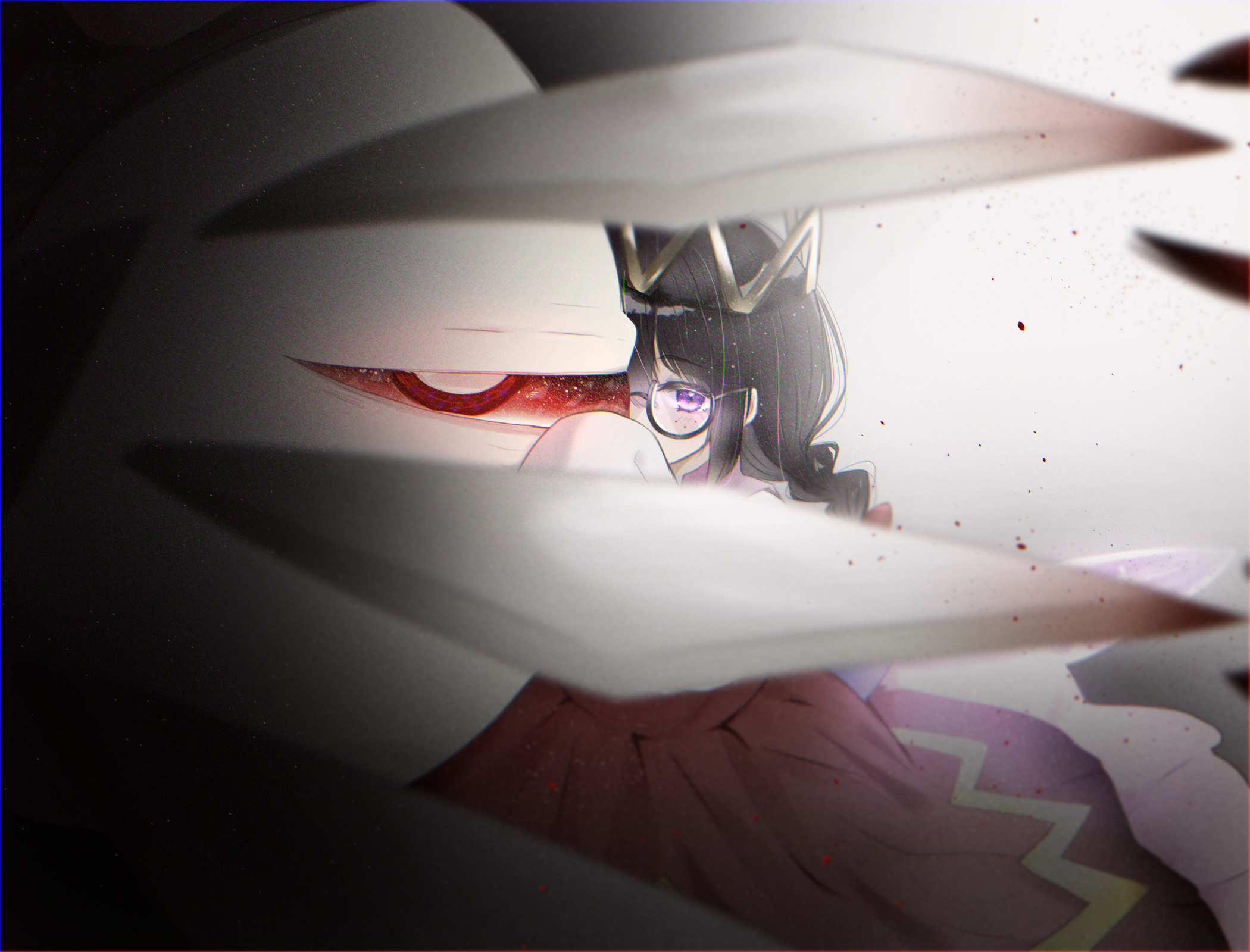 yoake (yoake 04), ripple star queen, zero two (kirby), kirby (series), kirby 64, nintendo, highres, 1girl, black hair, braid, crown, fairy, fairy wings, glasses, grey background, long hair, looking at viewer, low twin braids, one-eyed, purple eyes, red eyes, skirt, sleeves past fingers, sleeves past wrists, twin braids, wings