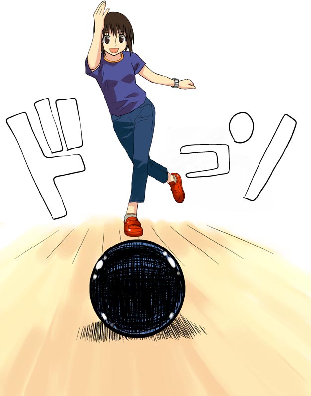 ayase fuuka, yotsubato!, 1girl, :d, arm up, ball, black eyes, black hair, bob cut, bowling, breasts, clenched hand, crossed legs, denim, female focus, full body, happy, jeans, leg lift, looking at viewer, open mouth, outstretched arm, pants, shadow, shirt, shoes, short hair, short sleeves, small breasts, smile, solo, standing, standing on one leg, t-shirt, thick eyebrows, throwing, watch, wristwatch