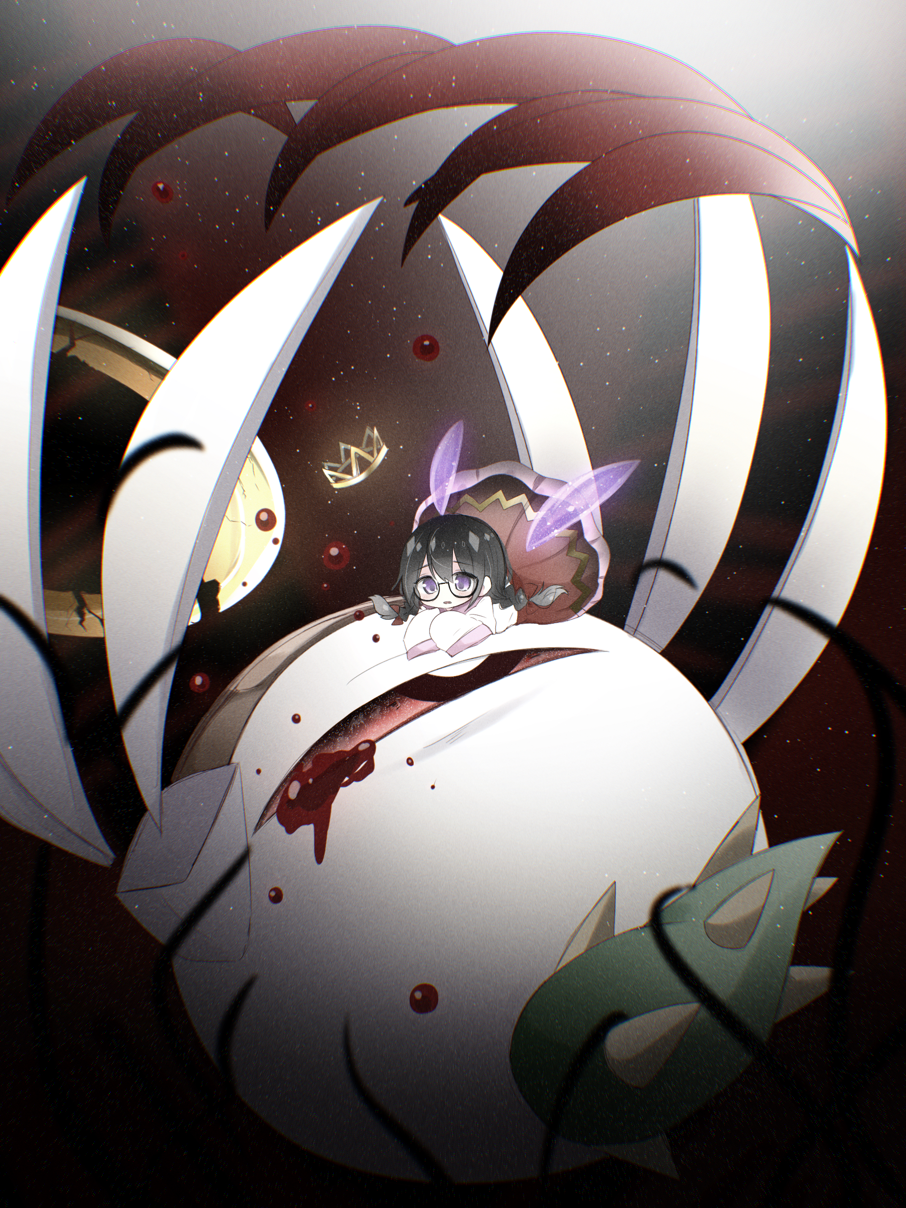yoake (yoake 04), ripple star queen, zero two (kirby), kirby (series), kirby 64, nintendo, absurdres, highres, 1girl, black hair, blood, braid, crown, fairy, fairy wings, glasses, halo, long hair, low twin braids, one-eyed, red eyes, sleeves past fingers, sleeves past wrists, twin braids, wings