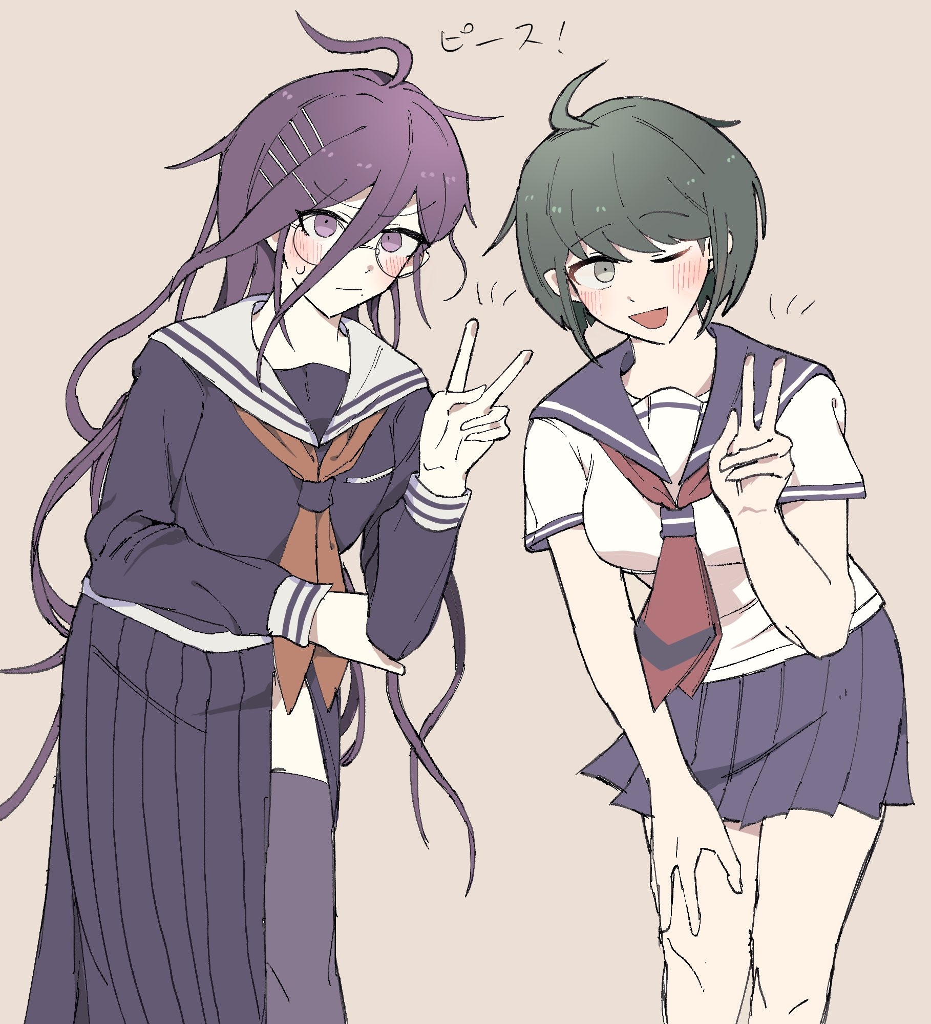 uru…, fukawa toko, naegi komaru, danganronpa (series), danganronpa another episode: ultra despair girls, commentary request, highres, translation request, 2girls, :d, ahoge, blue sailor collar, blue skirt, blush, breasts, closed mouth, collared shirt, eyelashes, glasses, green eyes, green hair, hair between eyes, hand on own arm, hand on own leg, long hair, long skirt, long sleeves, messy hair, mole, mole under mouth, multiple girls, neckerchief, necktie, one eye closed, open mouth, purple eyes, purple hair, purple serafuku, purple shirt, purple skirt, purple thighhighs, red neckerchief, red necktie, sailor collar, school uniform, serafuku, shirt, short hair, short sleeves, simple background, skirt, skirt set, smile, sweatdrop, thighhighs, torn clothes, torn skirt, v, white sailor collar, white shirt