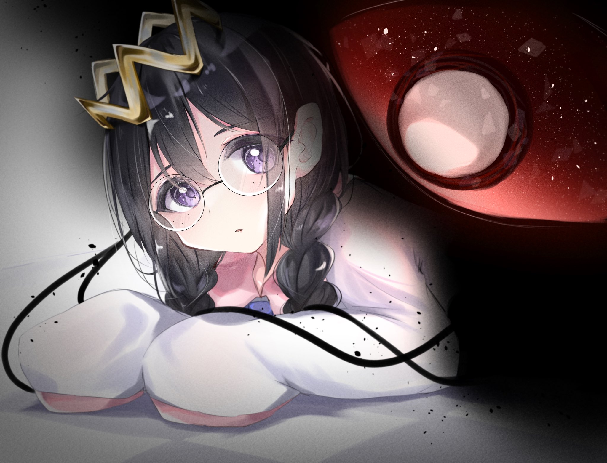 yoake (yoake 04), ripple star queen, zero two (kirby), kirby (series), kirby 64, nintendo, highres, 1girl, black hair, braid, crown, glasses, long hair, looking at viewer, low twin braids, one-eyed, purple eyes, red eyes, sleeves past fingers, sleeves past wrists, twin braids