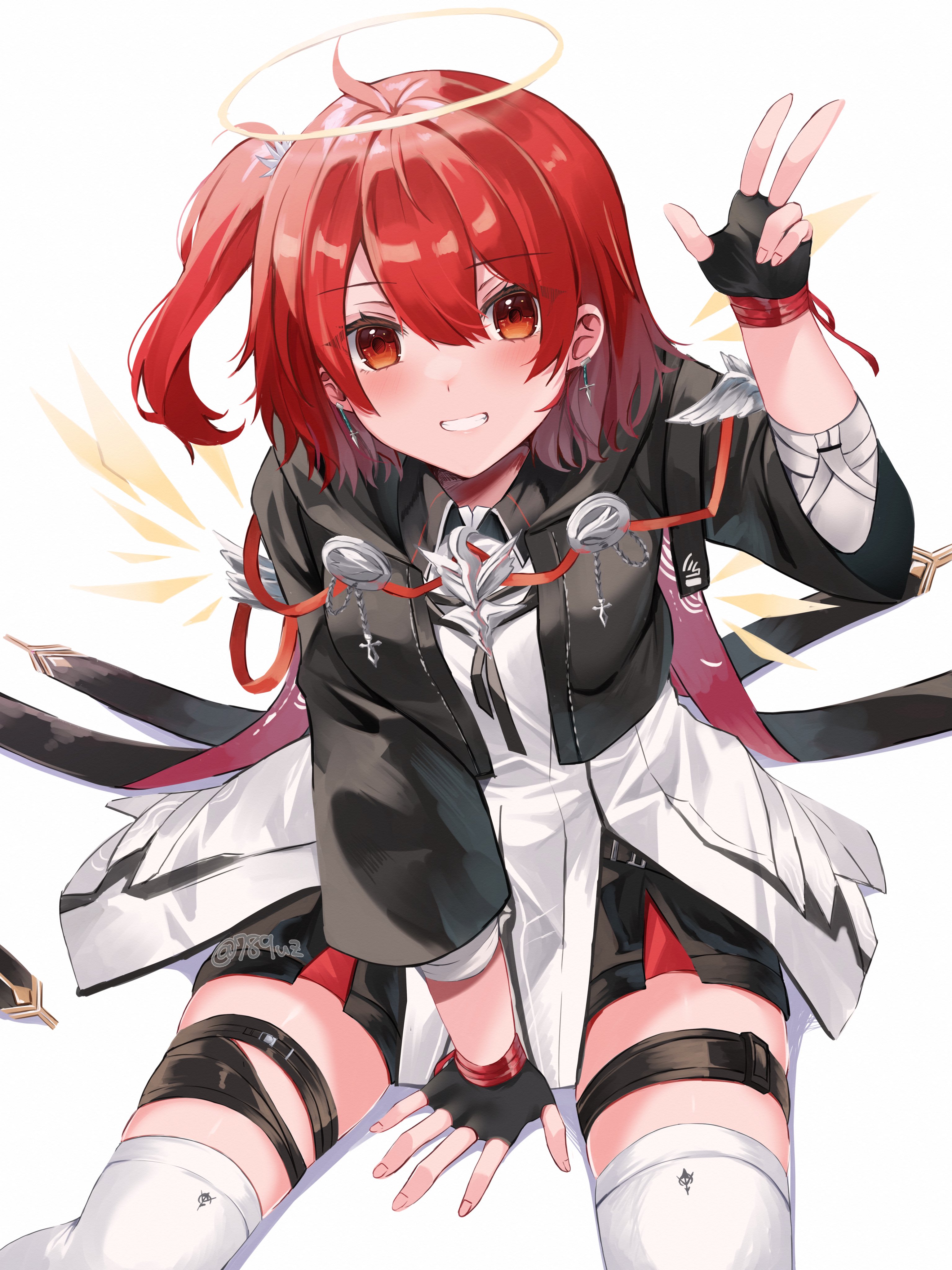 amesaki vanilla, exusiai (arknights), exusiai the new covenant (arknights), arknights, absurdres, commentary request, highres, 1girl, :d, arm up, black gloves, blush, cowboy shot, cross, detached wings, earrings, fingerless gloves, fingernails, gloves, grin, hair between eyes, halo, jewelry, latin cross, looking at viewer, one side up, open mouth, orange eyes, red hair, short hair, simple background, sitting, smile, solo, thigh strap, thighhighs, traditional halo, w, watermark, white background, white thighhighs, wings, yellow halo