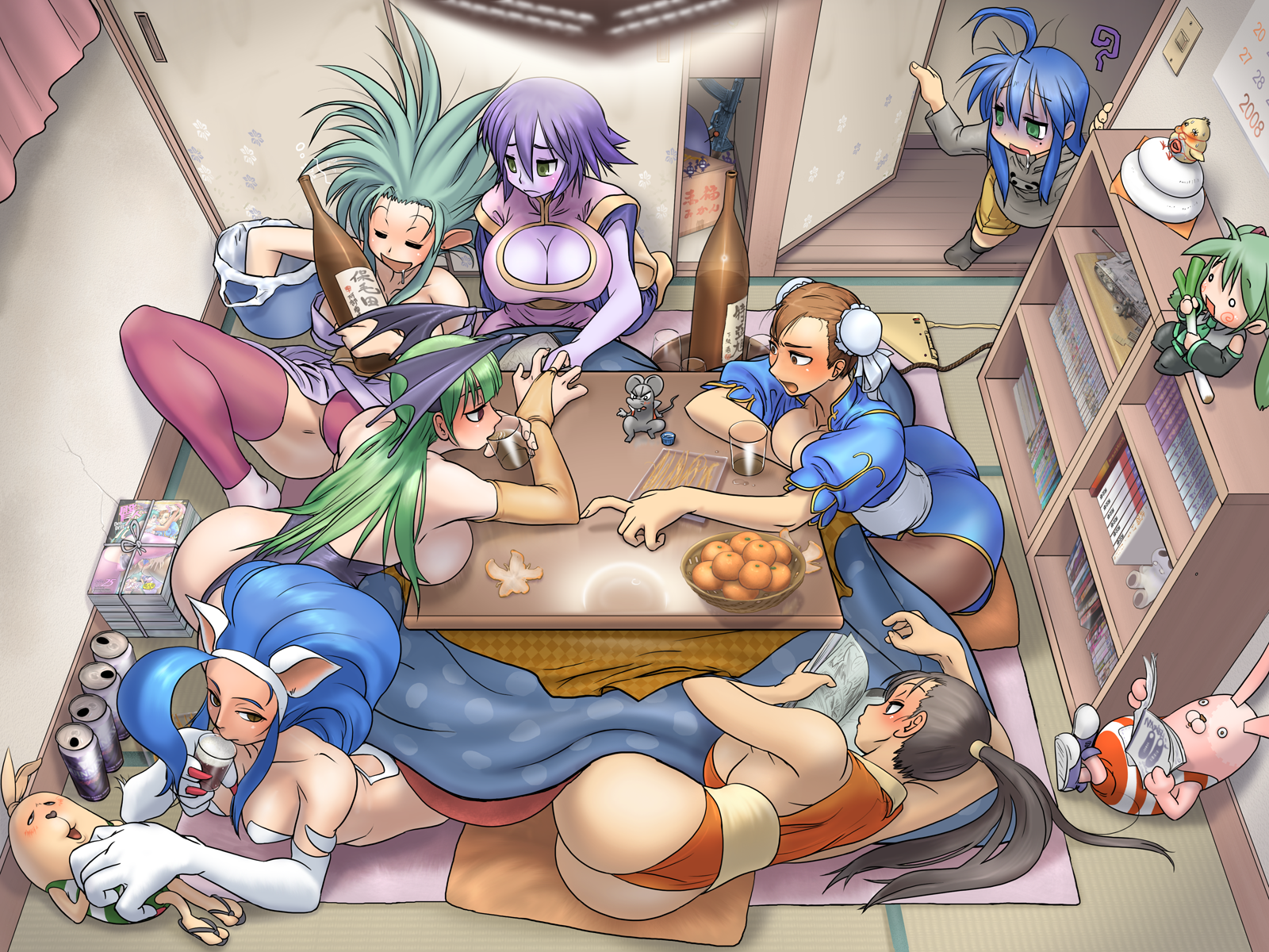 cosine, chun-li, felicia (darkstalkers), hachune miku, hatsune miku, hsien-ko, izumi konata, komanech, morrigan aensland, ryouko (tenchi muyou!), shiranui mai, capcom, darkstalkers, fatal fury, lucky star, moyashimon, snk, street fighter, tenchi muyou!, the king of fighters, usavich, vocaloid, vehicle, bad id, bad pixiv id, highres, making-of available, 00s, 6+girls, alcohol, animal hands, ass, assault rifle, beer can, blush, breasts, can, cleavage, crossover, cup, drink can, drinking, drinking glass, drunk, food, fruit, gun, head wings, indoors, jiangshi, kotatsu, large breasts, mandarin orange, military, military vehicle, motor vehicle, multiple girls, pantyhose, pelvic curtain, rifle, sake, sliding doors, spiked hair, stg44, table, tank, tatami, thighhighs, weapon, wings