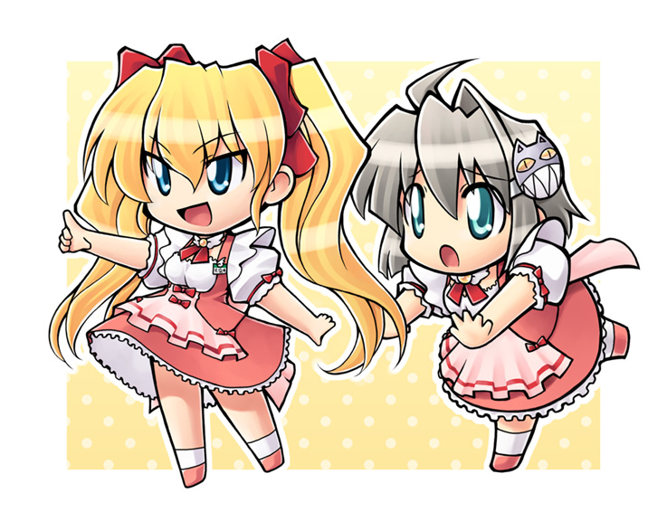 daikuuji ayu, tamano mayu, kimi ga nozomu eien, 00s, 2girls, ahoge, blonde hair, blue eyes, chibi, long hair, multiple girls, pointing, short hair, twintails, waitress