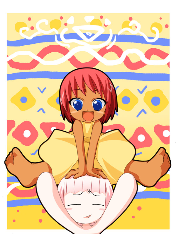 guu (jungle wa itsumo), mari (jungle wa itsumo), jungle wa itsumo hare nochi guu, 2girls, barefoot, blue eyes, blush stickers, dress, feet, multiple girls, open mouth, pink hair, red hair, short hair, sitting, sitting on person, smile, soles, spread legs, toes, yellow dress