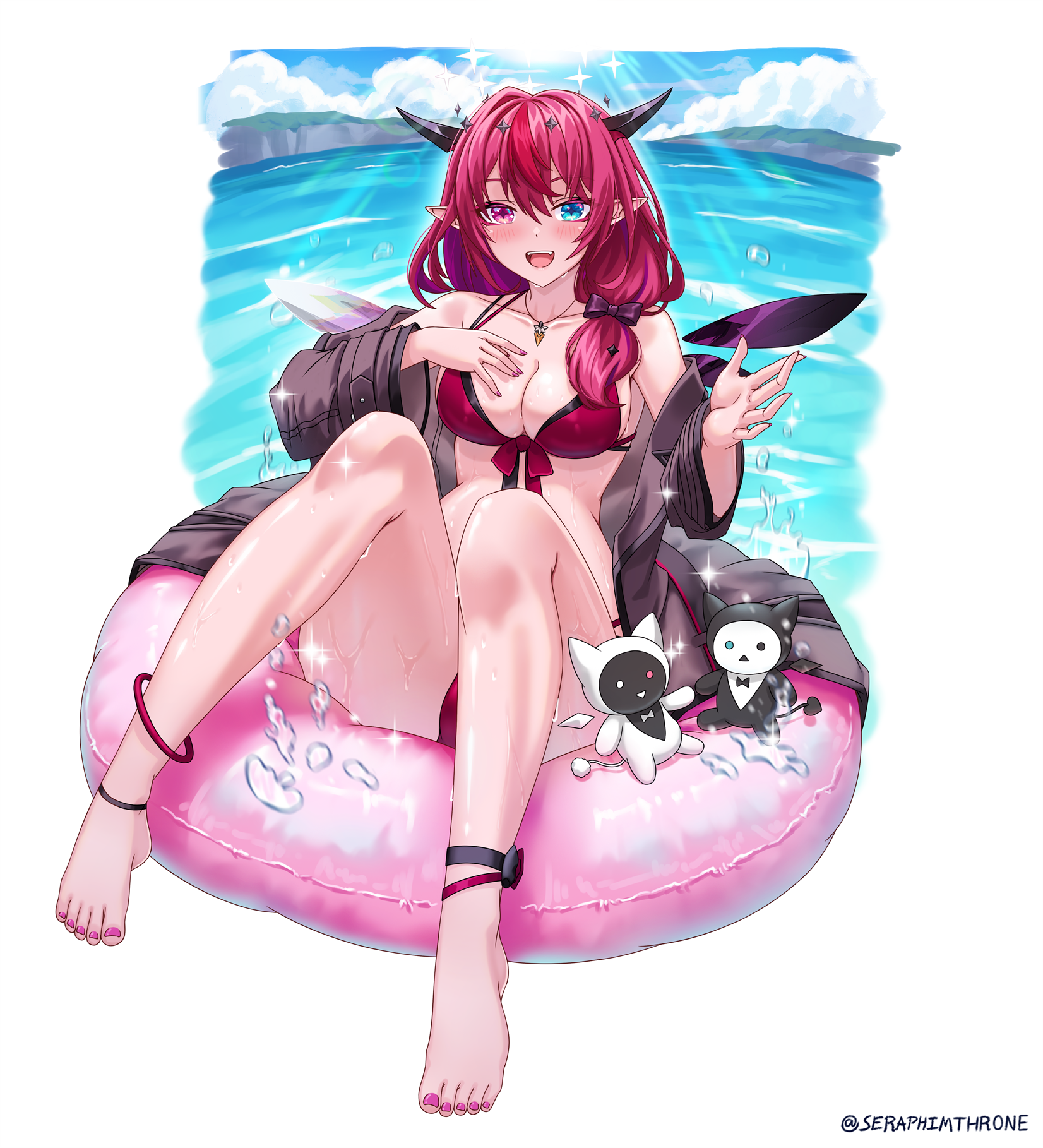 seraphim throne, bloom (irys), gloom (irys), irys (hololive), irys (holonatsu paradise) (hololive), hololive, hololive english, holonatsu paradise, commentary, english commentary, highres, 1girl, asymmetrical wings, barefoot, bikini, black bikini, black bow, black coat, blue eyes, bow, breasts, cleavage, coat, crystal wings, day, detached wings, double bikini, double halo, front-tie bikini top, front-tie top, full body, hair bow, halo, hand on own chest, heterochromia, horns, innertube, jewelry, large breasts, layered bikini, long hair, looking at viewer, low ponytail, mismatched wings, multicolored hair, necklace, ocean, official alternate costume, on innertube, open mouth, outdoors, pointy ears, ponytail, purple eyes, purple hair, red hair, sitting, smile, solo, star halo, streaked hair, swim ring, swimsuit, toes, virtual youtuber, wings